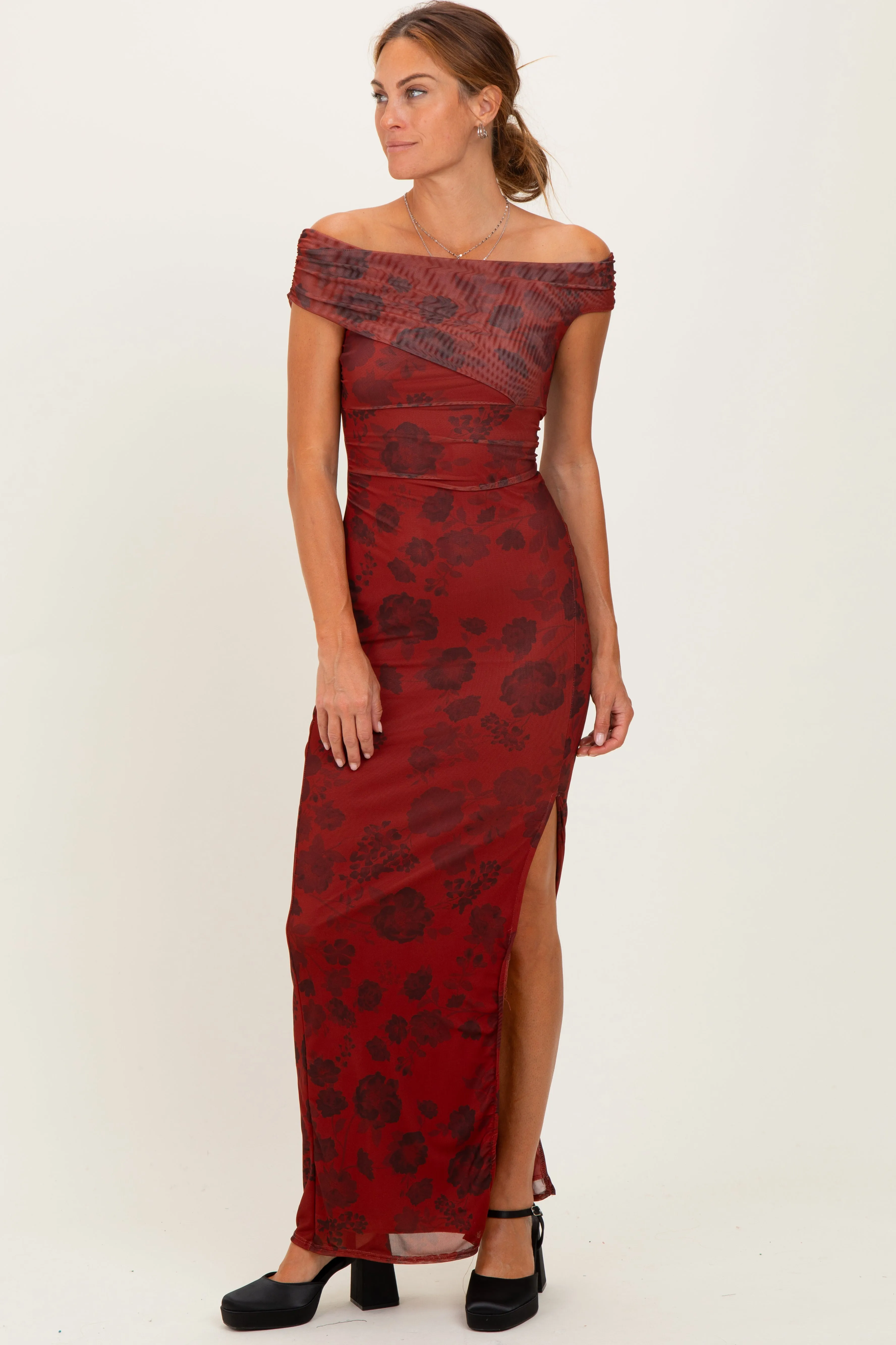 Burgundy Floral One Shoulder Maxi Dress sold by Pinkblush product image thumbnail 2