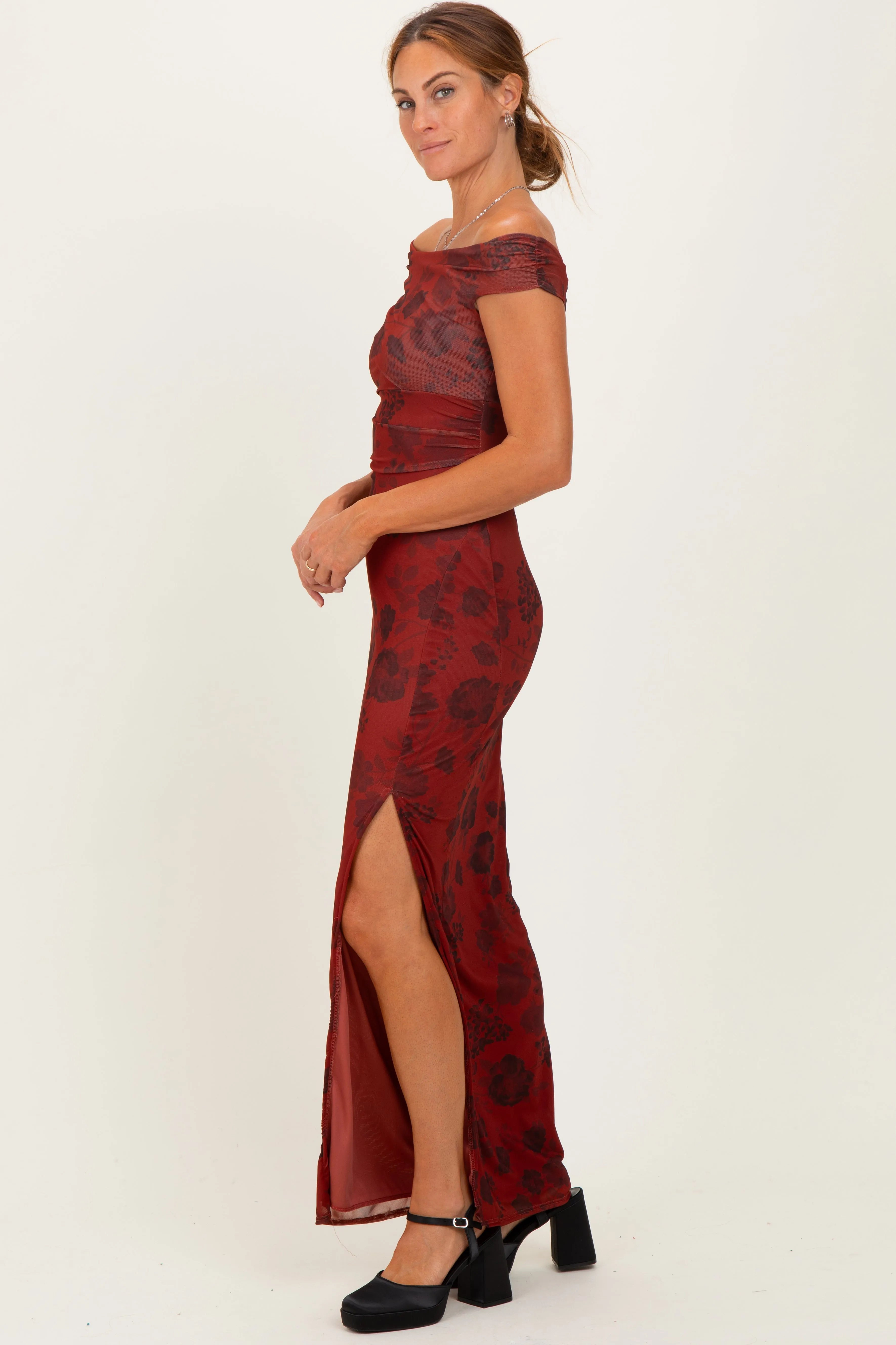 Burgundy Floral One Shoulder Maxi Dress sold by Pinkblush product image thumbnail 3