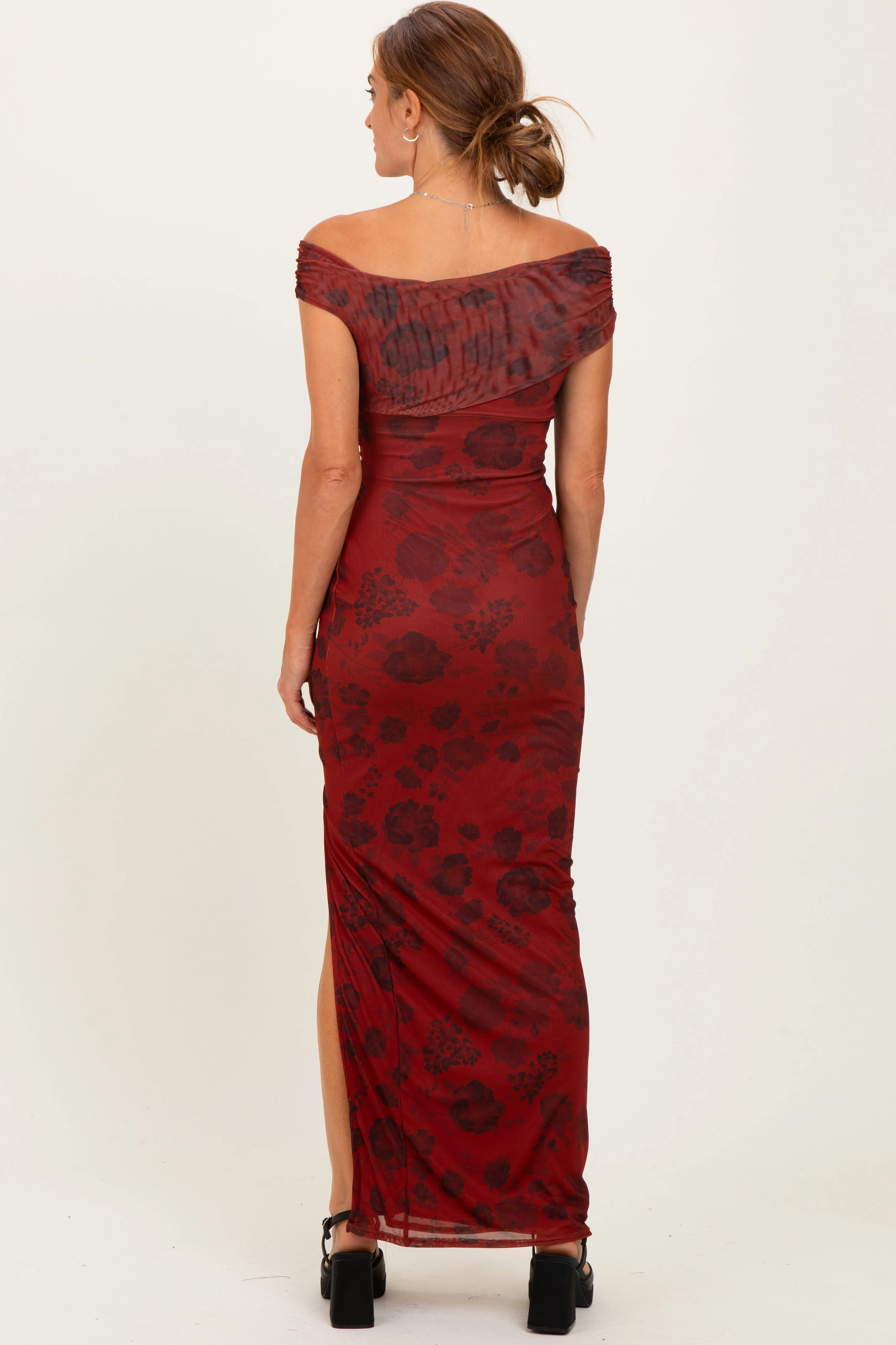 Burgundy Floral One Shoulder Maxi Dress sold by Pinkblush product image thumbnail 4