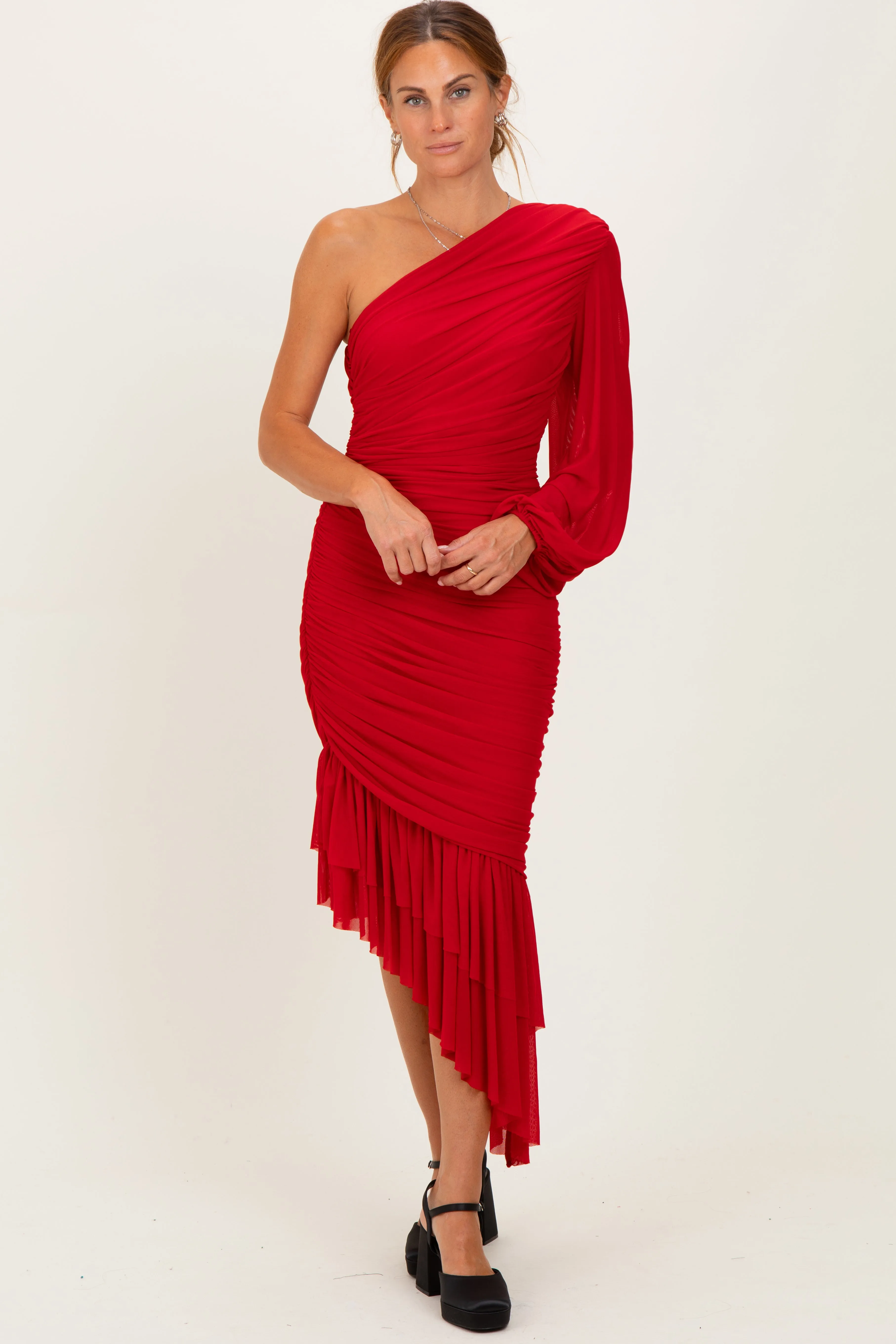 Red Mesh Ruched One Shoulder Asymmetric Dress sold by Pinkblush product image thumbnail 2
