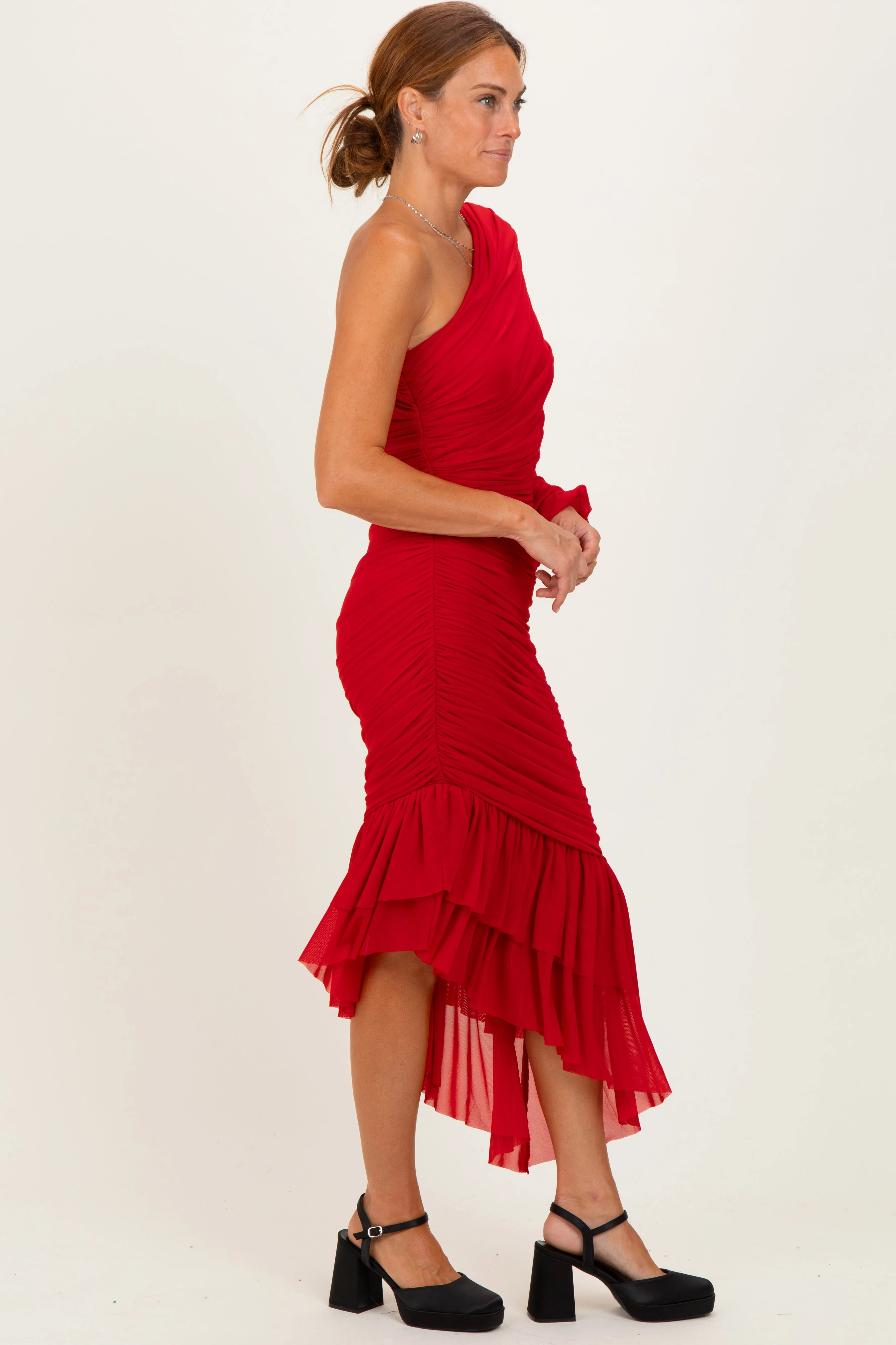 Red Mesh Ruched One Shoulder Asymmetric Dress sold by Pinkblush product image thumbnail 3