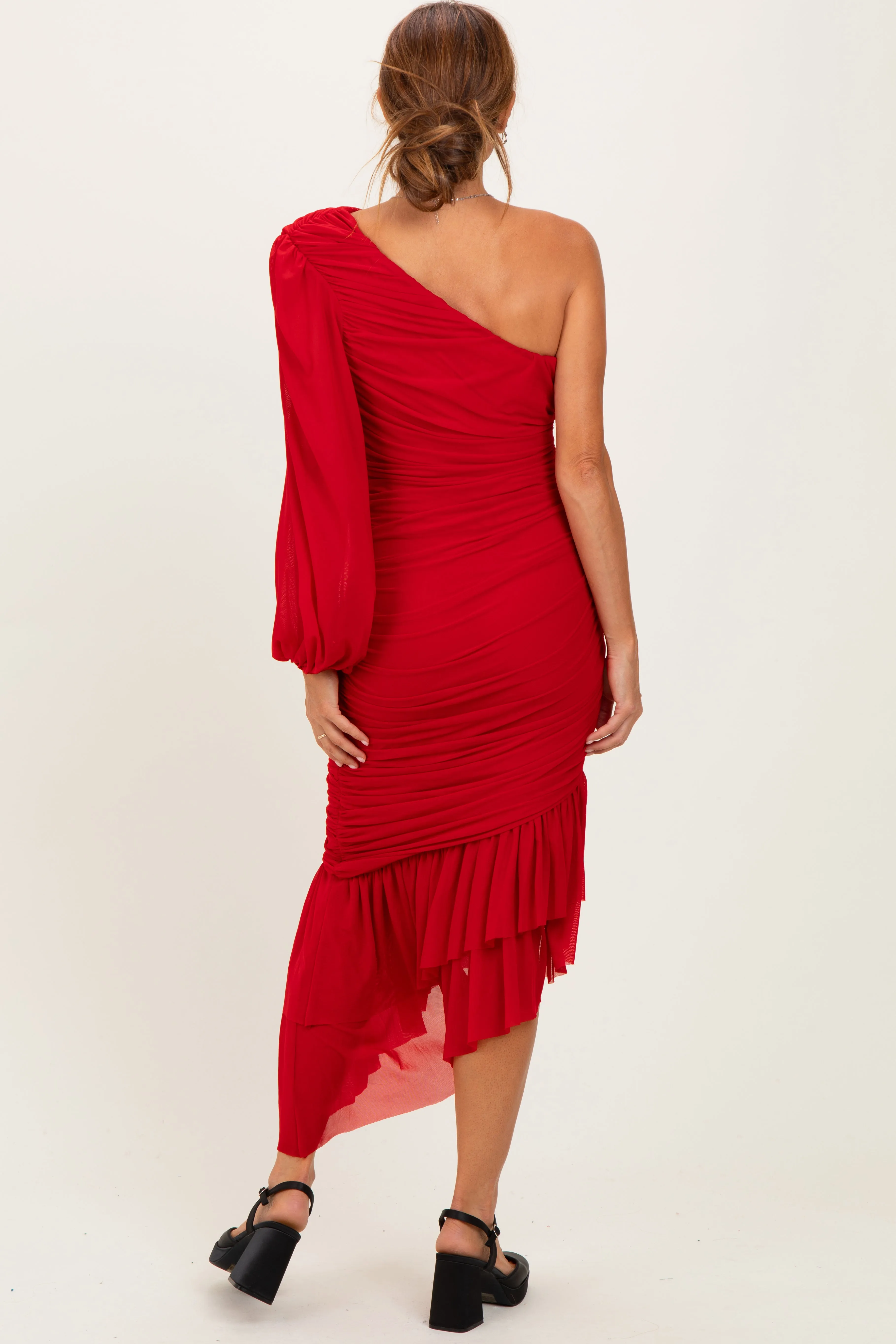 Red Mesh Ruched One Shoulder Asymmetric Dress sold by Pinkblush product image thumbnail 4