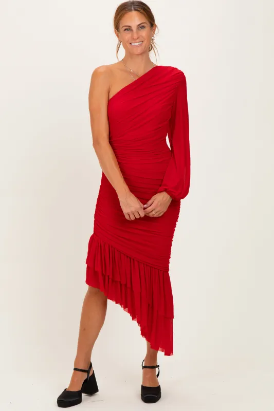 Red Mesh Ruched One Shoulder Asymmetric Dress sold by Pinkblush