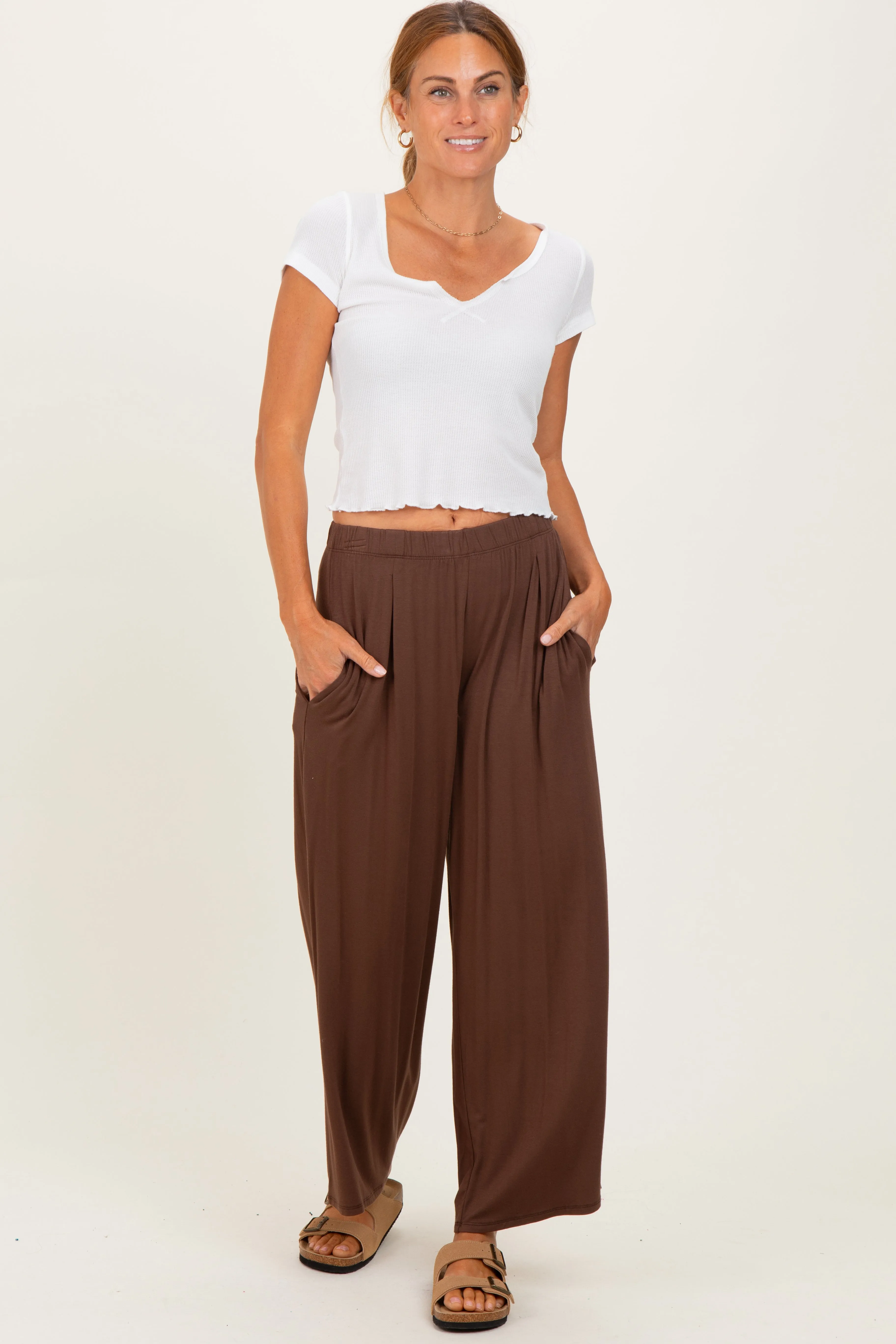 Brown Wide Leg Ankle Lounge Pants sold by Pinkblush