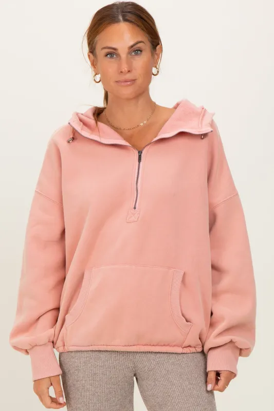 Peach Fleece Half Zip Drop Shoulder Hoodie sold by Pinkblush