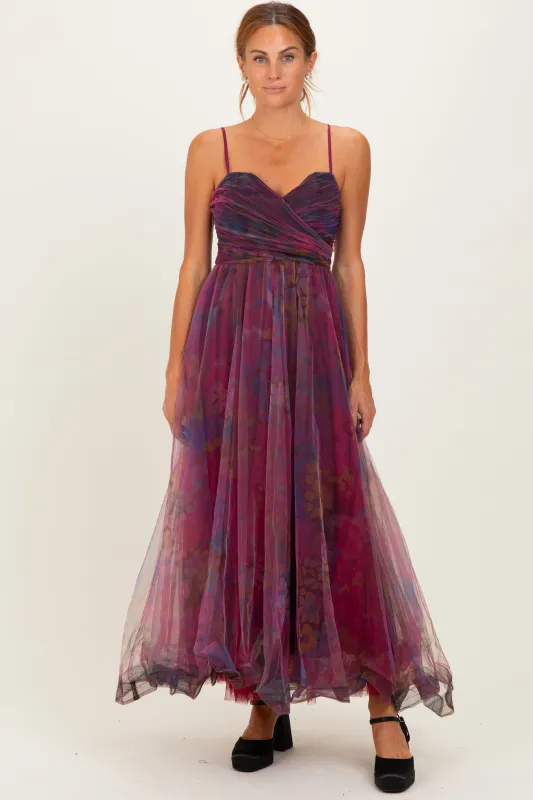 Magenta Floral Mesh Tulle Overlay Maxi Dress sold by Pinkblush