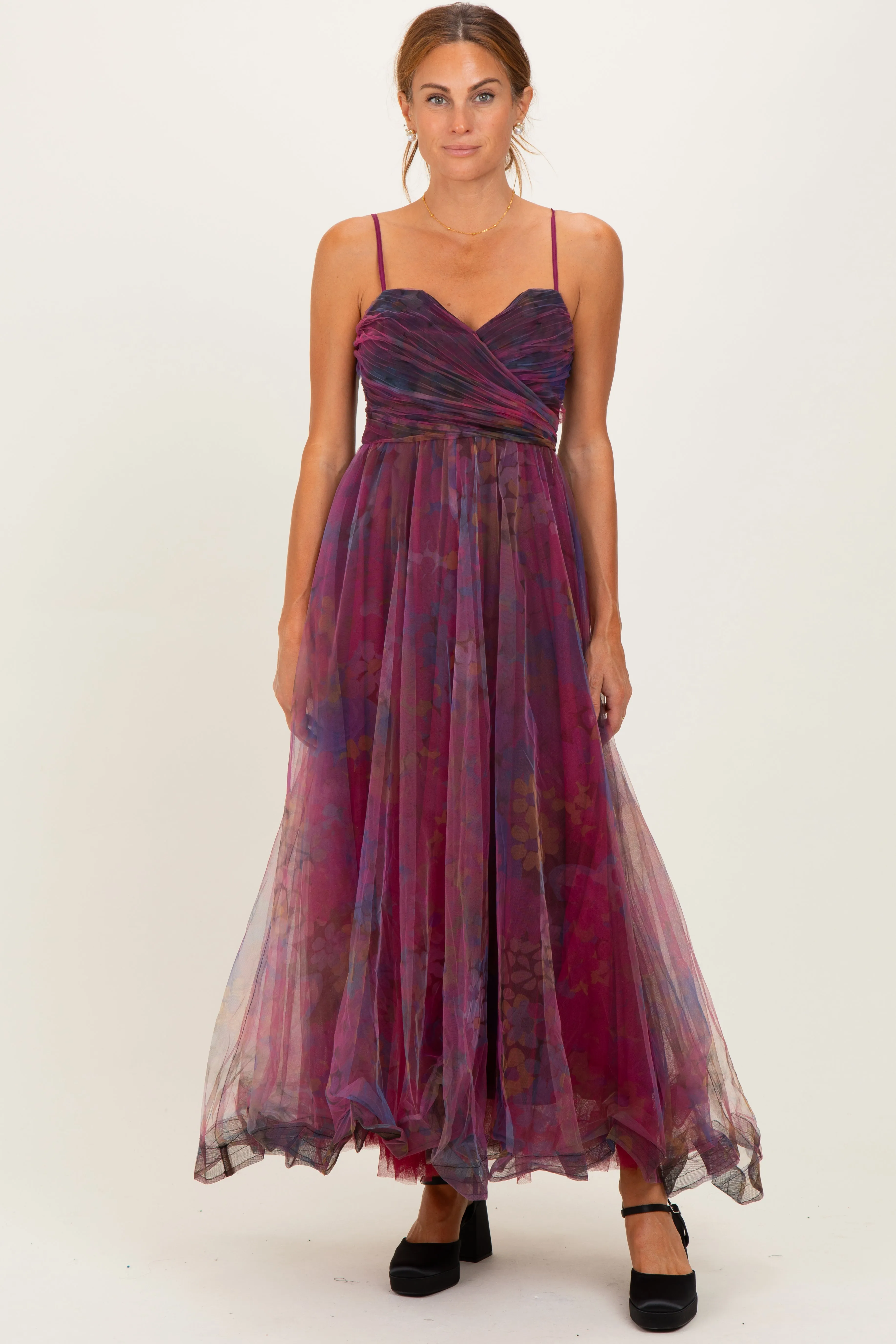 Magenta Floral Mesh Tulle Overlay Maxi Dress sold by Pinkblush