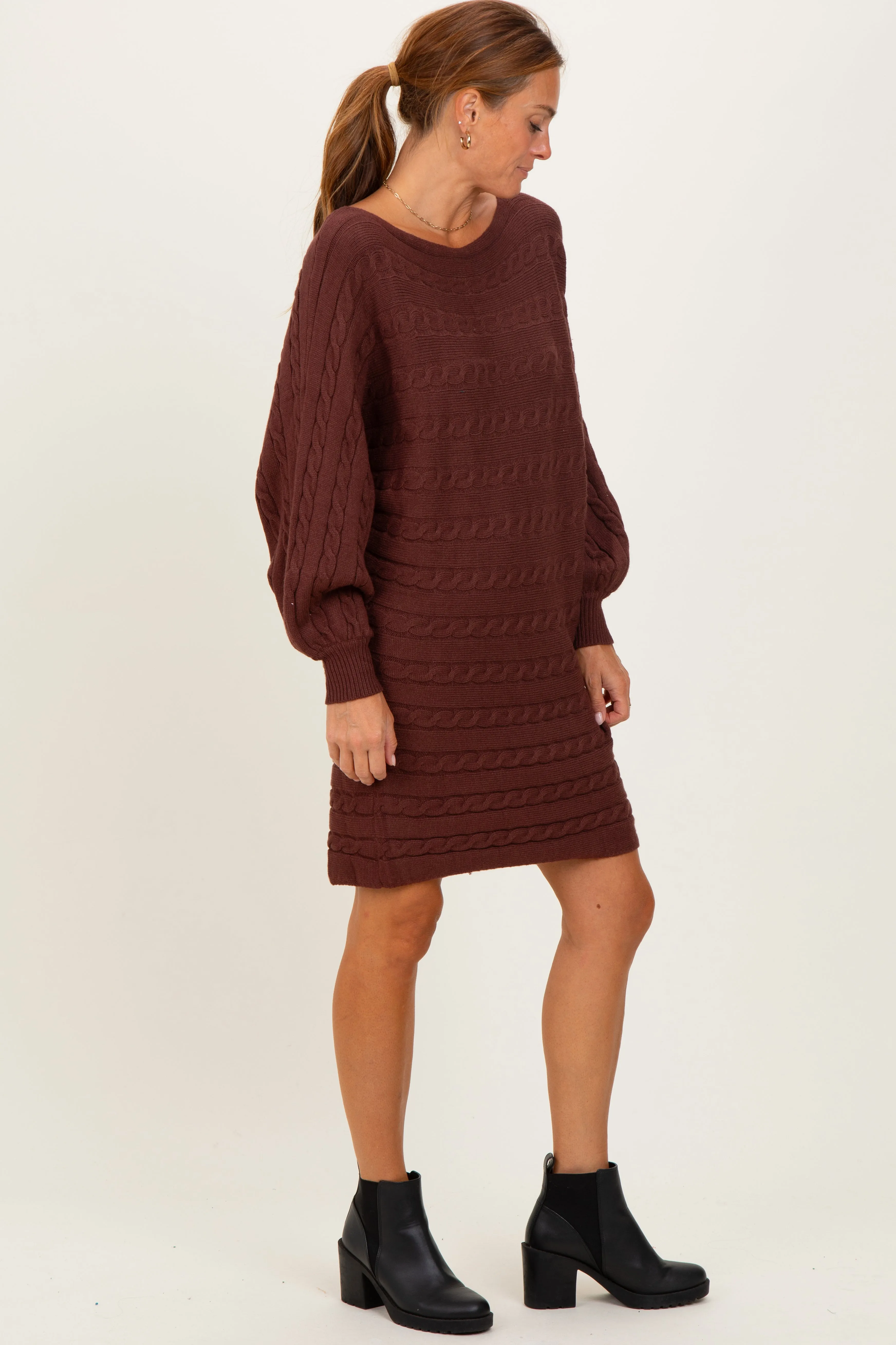 Brown Cable Knit Dolman Sleeve Sweater Mini Dress sold by Pinkblush product image thumbnail 3