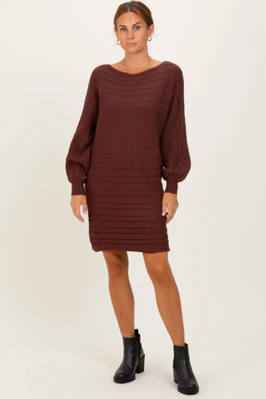 Brown Cable Knit Dolman Sleeve Sweater Mini Dress sold by Pinkblush