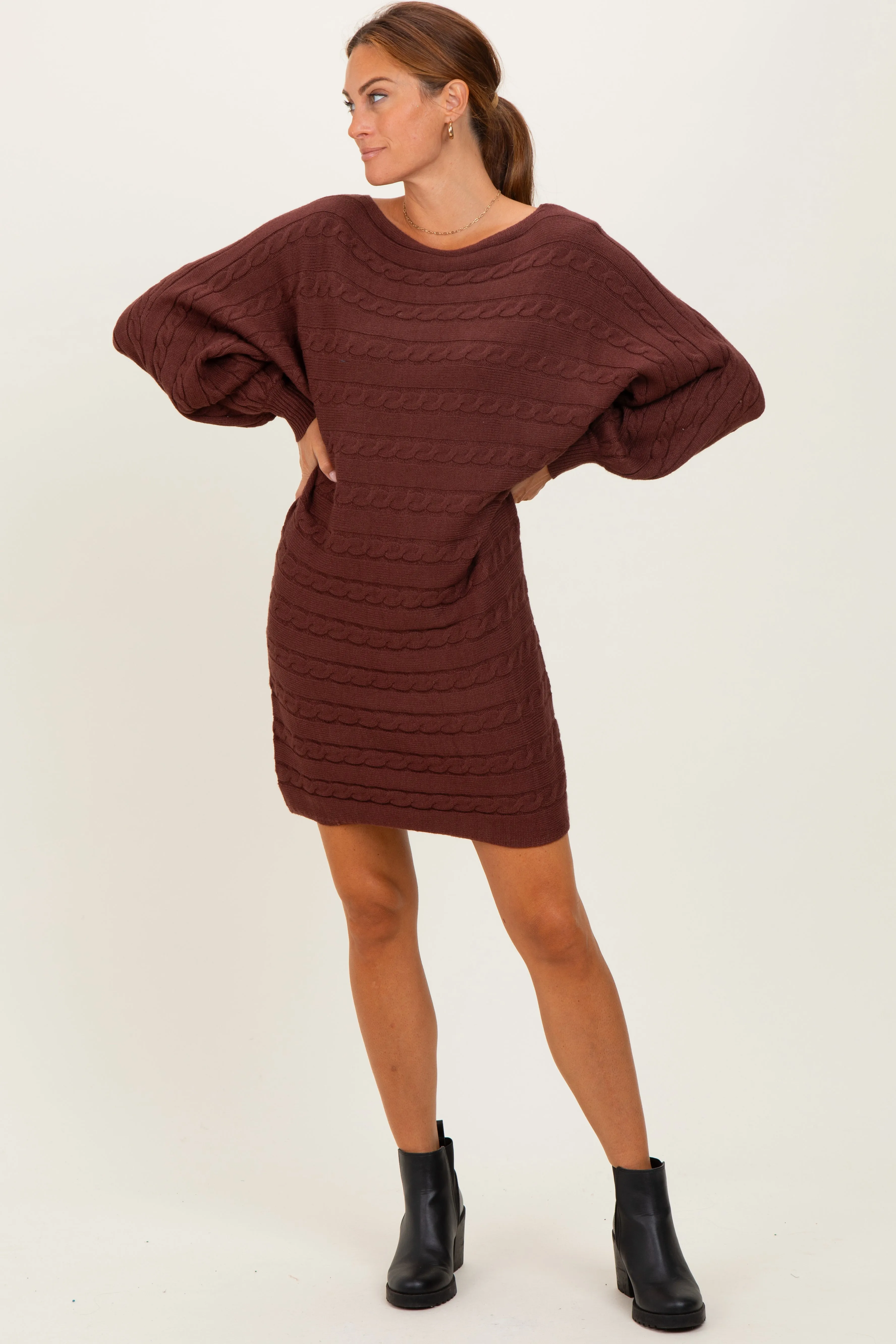 Brown Cable Knit Dolman Sleeve Sweater Mini Dress sold by Pinkblush product image thumbnail 2