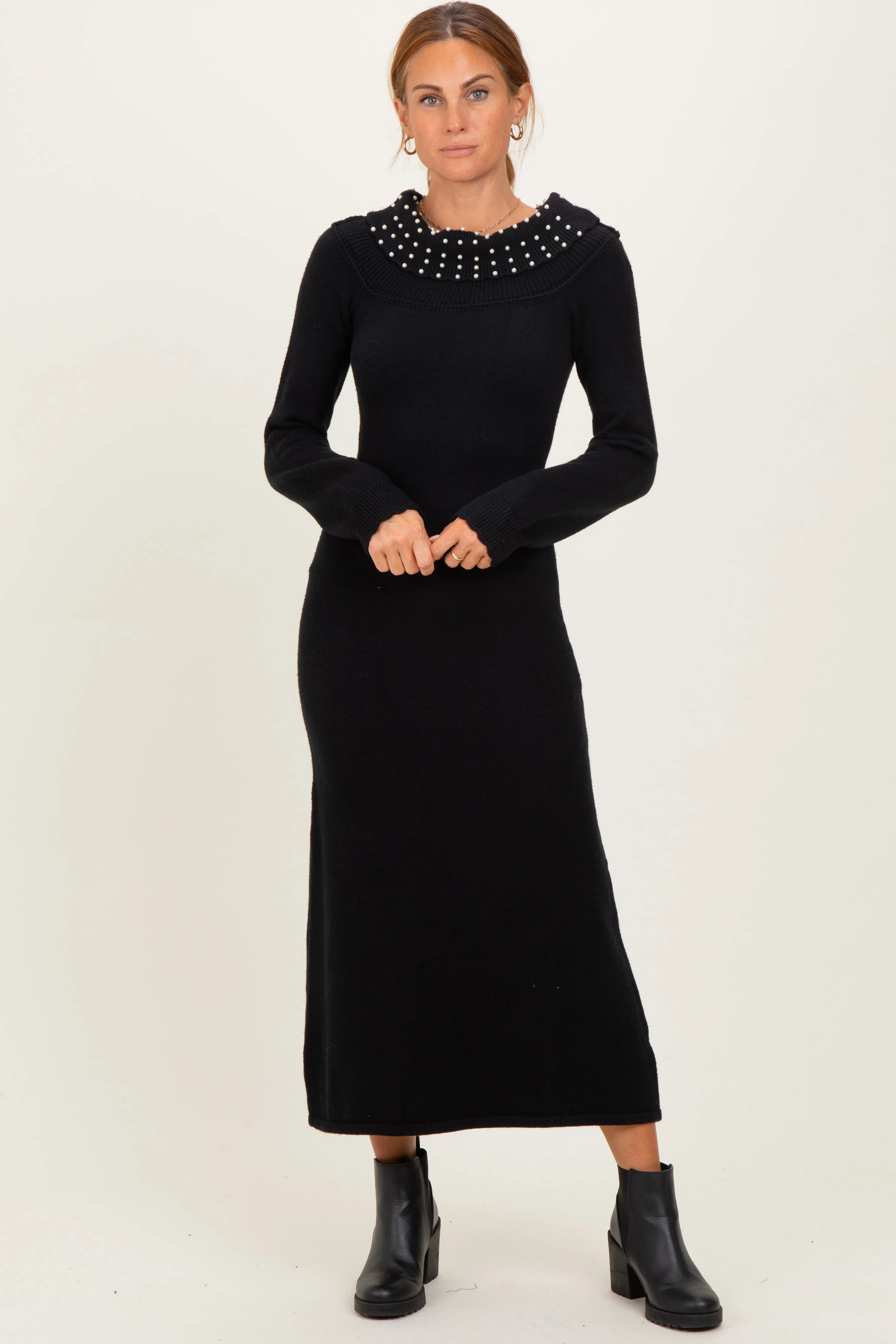Black Faux Pearl Detail Off Shoulder Sweater Dress sold by Pinkblush