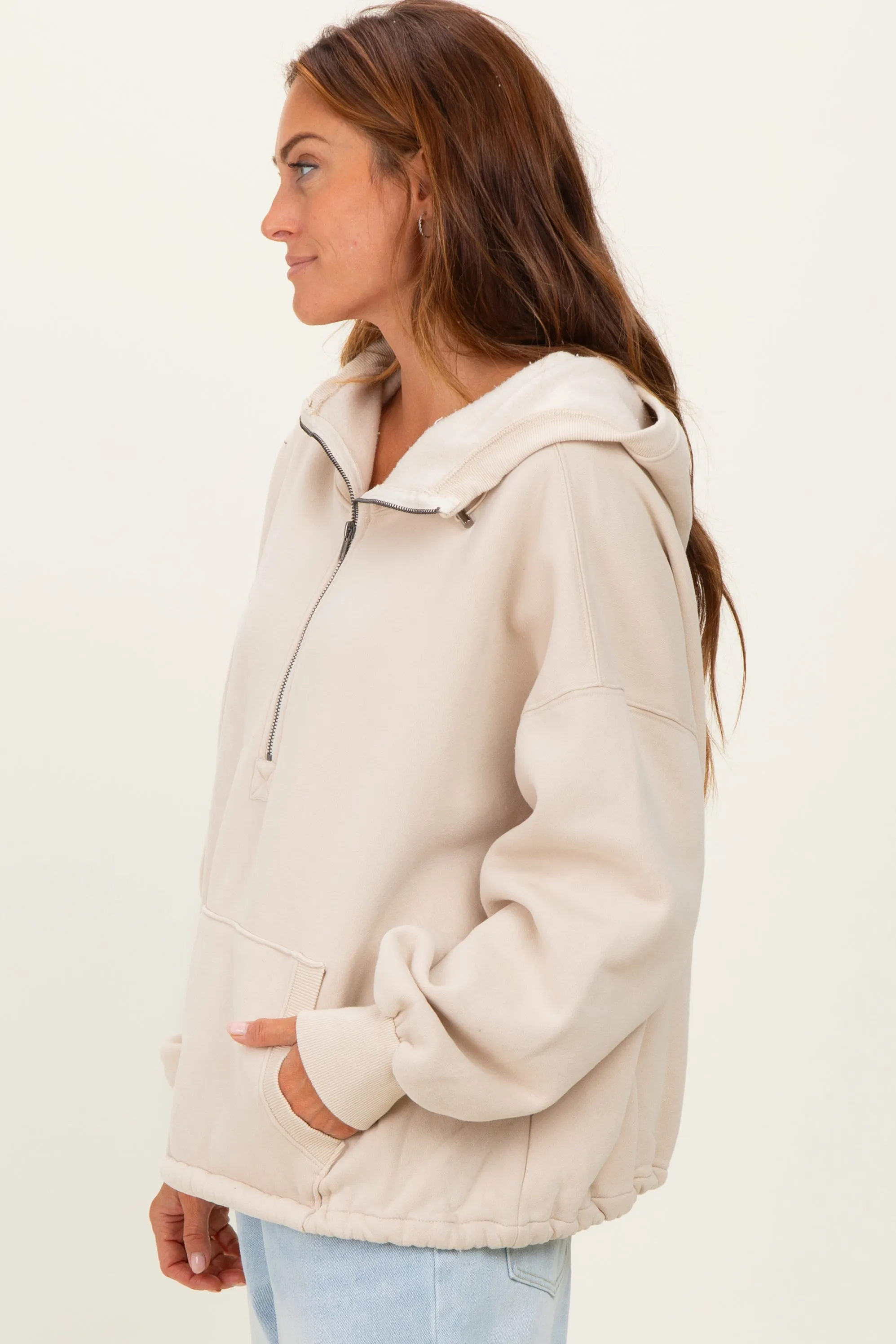 Cream Fleece Half Zip Drop Shoulder Hoodie sold by Pinkblush product image thumbnail 3