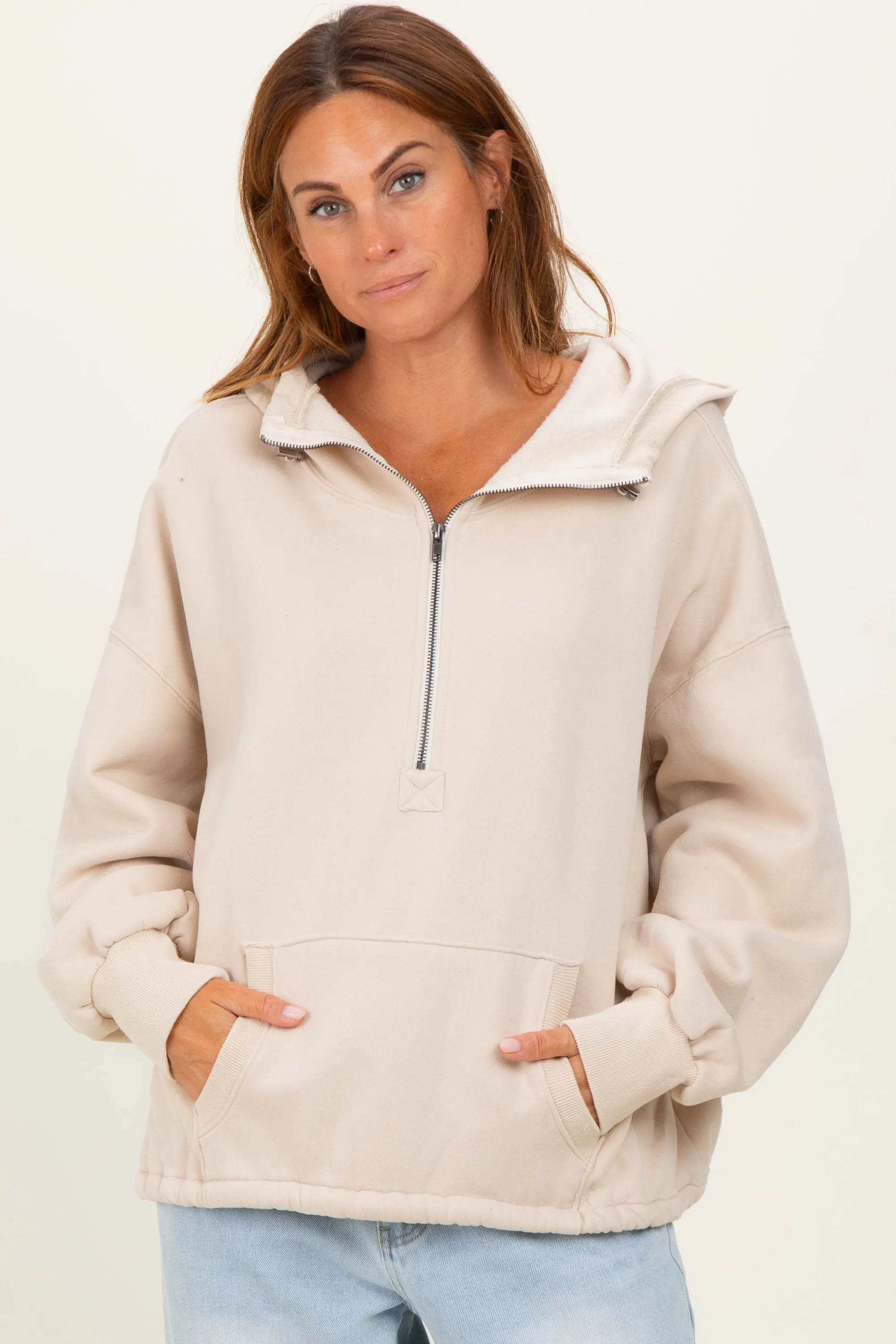 Cream Fleece Half Zip Drop Shoulder Hoodie sold by Pinkblush