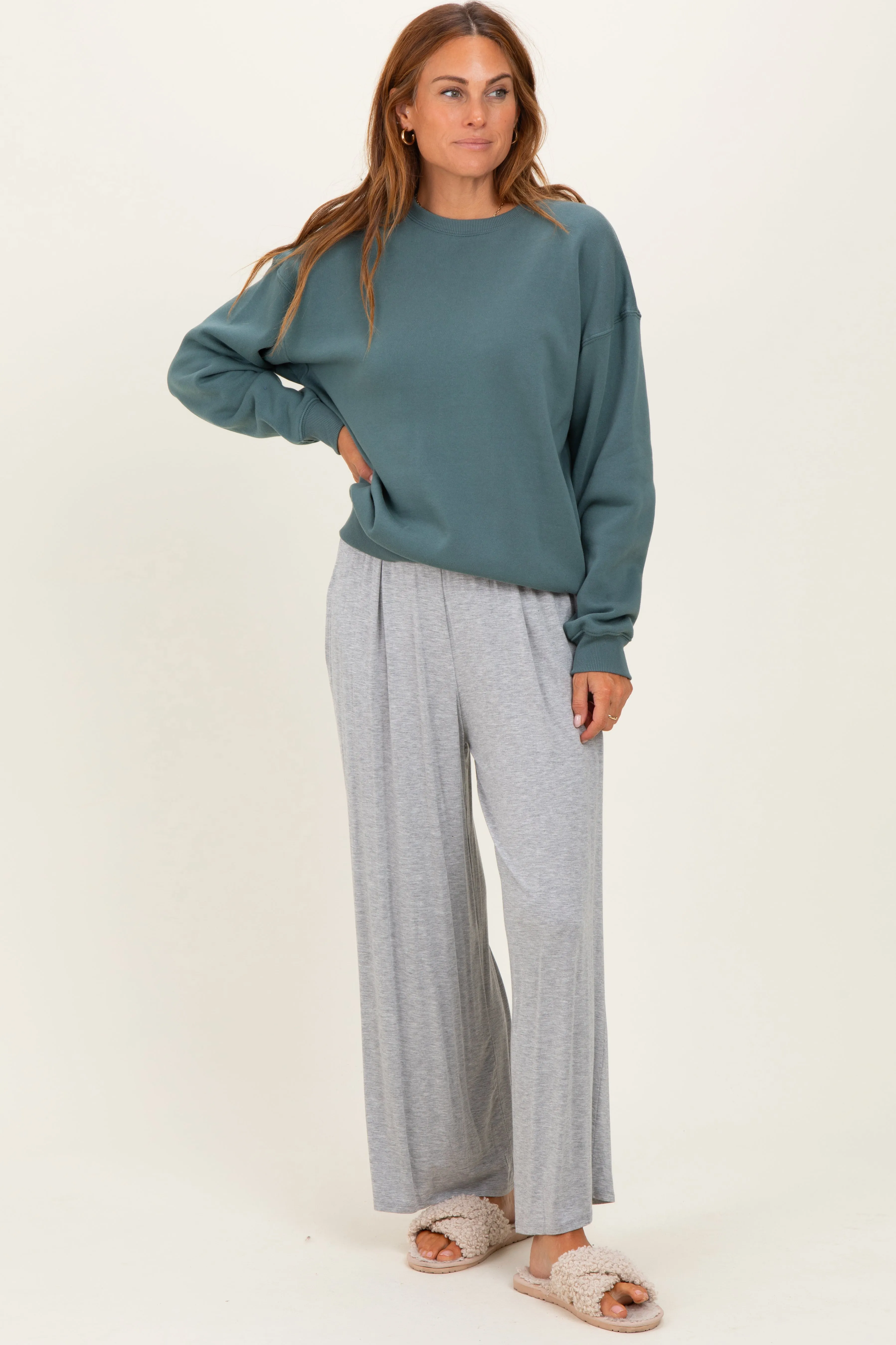 Heather Grey Wide Leg Ankle Lounge Pants sold by Pinkblush