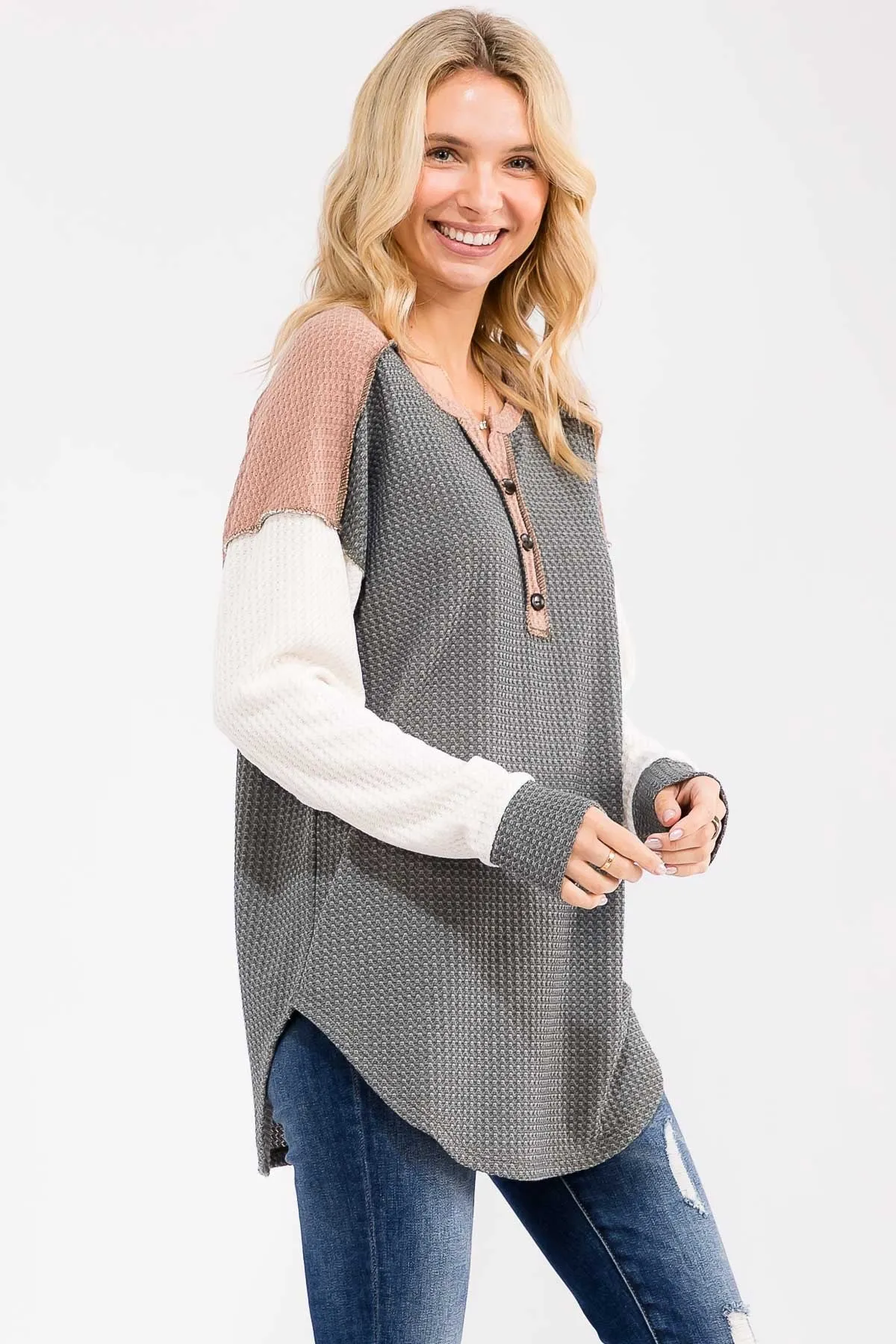 Olive Colorblock Relaxed Waffle Knit Henley sold by Pinkblush product image thumbnail 4