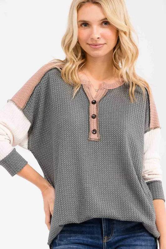 Olive Colorblock Relaxed Waffle Knit Henley sold by Pinkblush