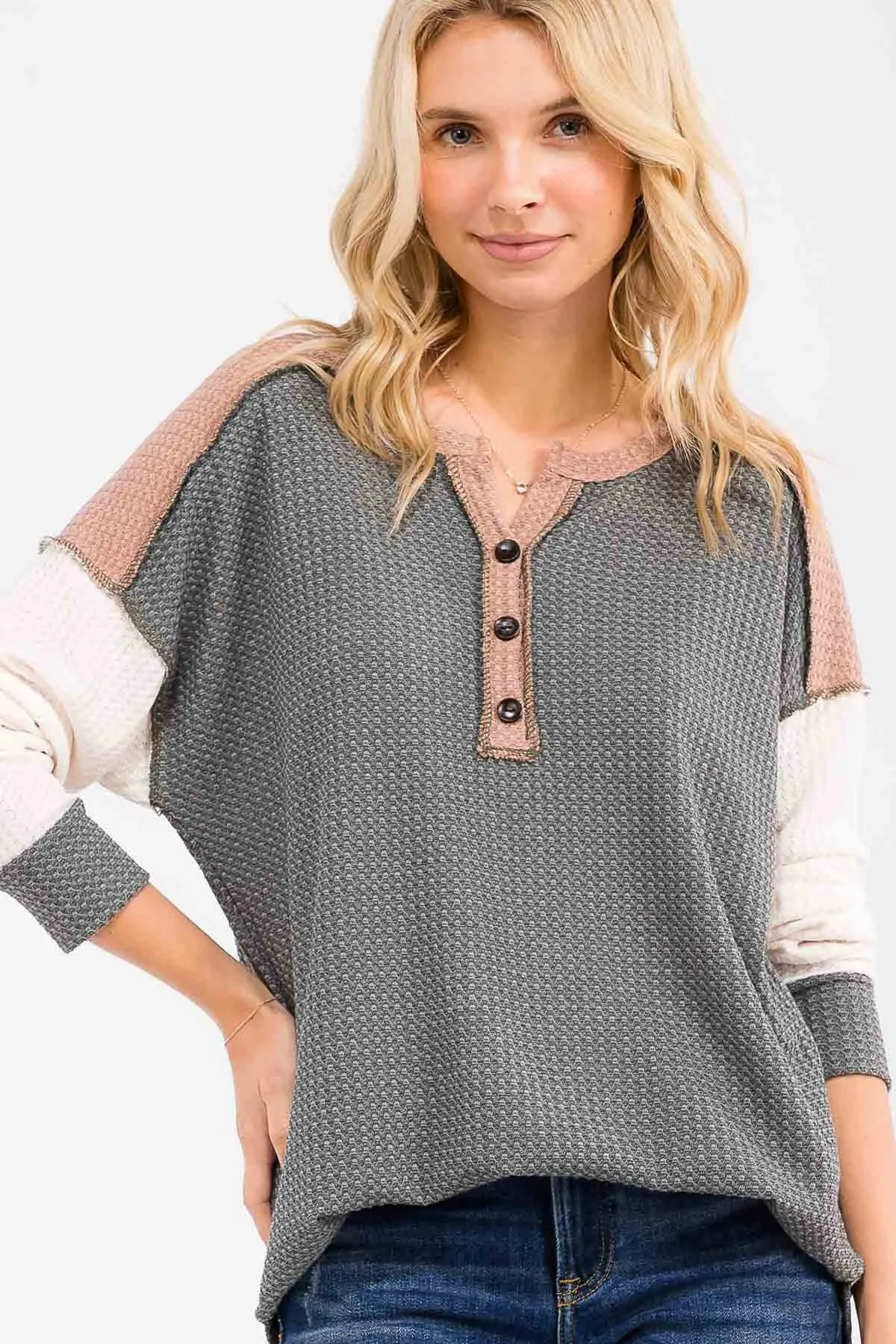 Olive Colorblock Relaxed Waffle Knit Henley sold by Pinkblush