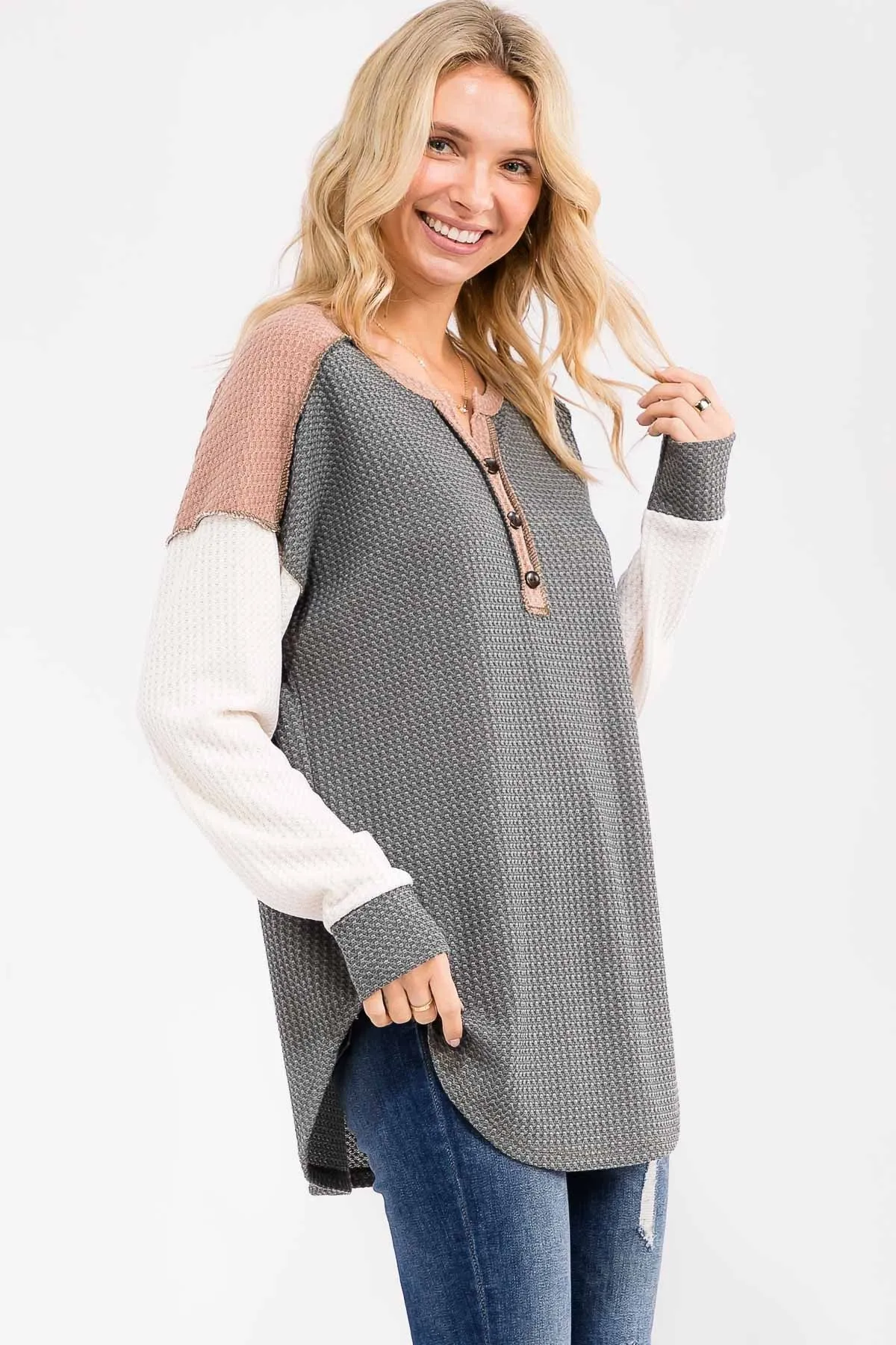 Olive Colorblock Relaxed Waffle Knit Henley sold by Pinkblush product image thumbnail 5