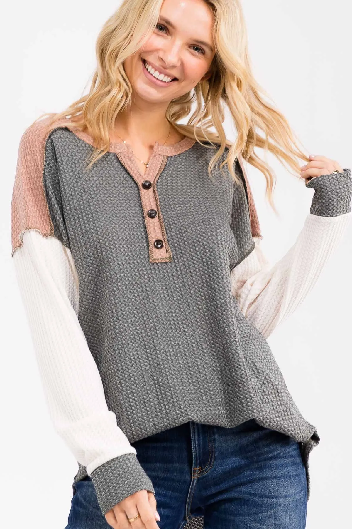 Olive Colorblock Relaxed Waffle Knit Henley sold by Pinkblush product image thumbnail 2