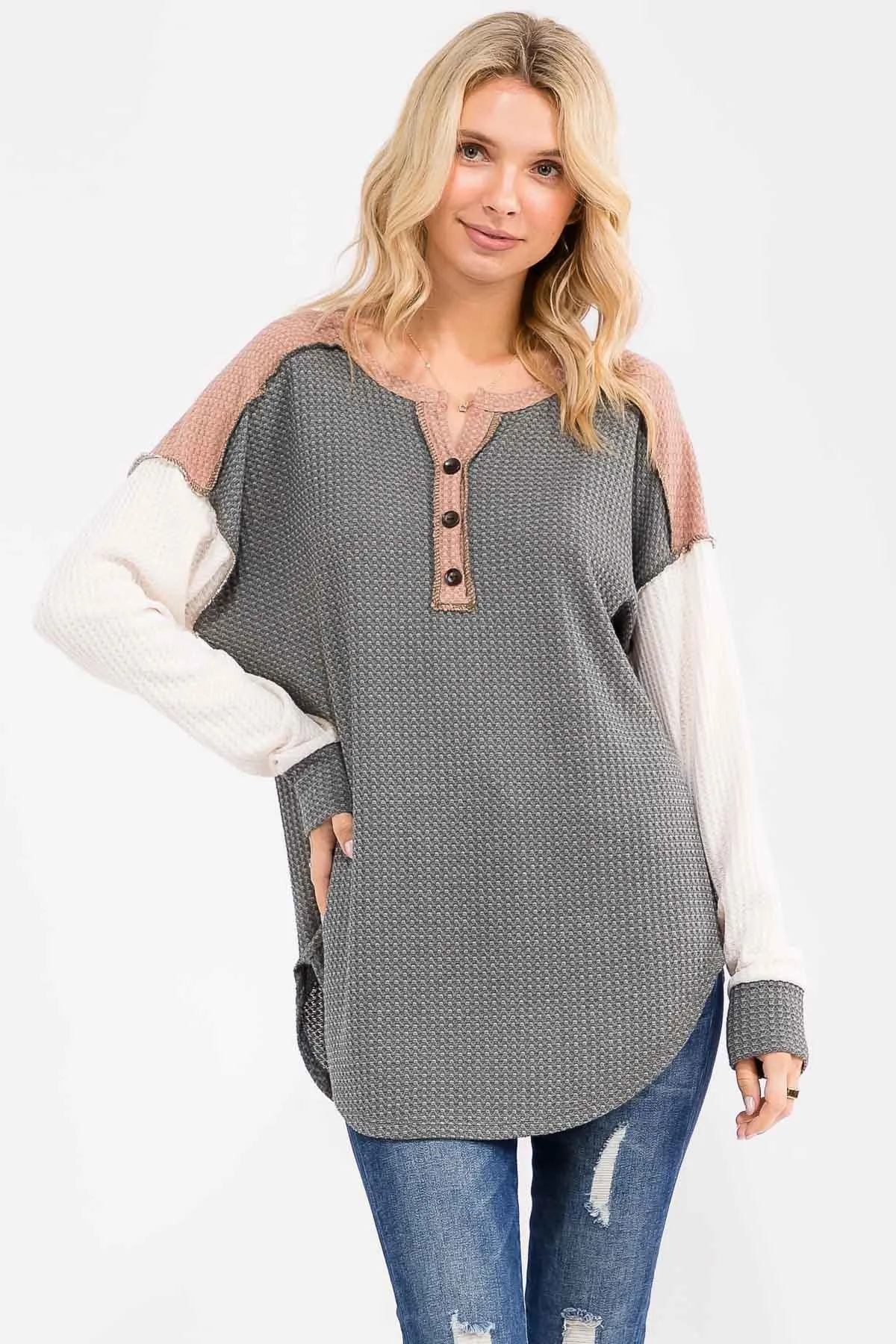 Olive Colorblock Relaxed Waffle Knit Henley sold by Pinkblush product image thumbnail 3