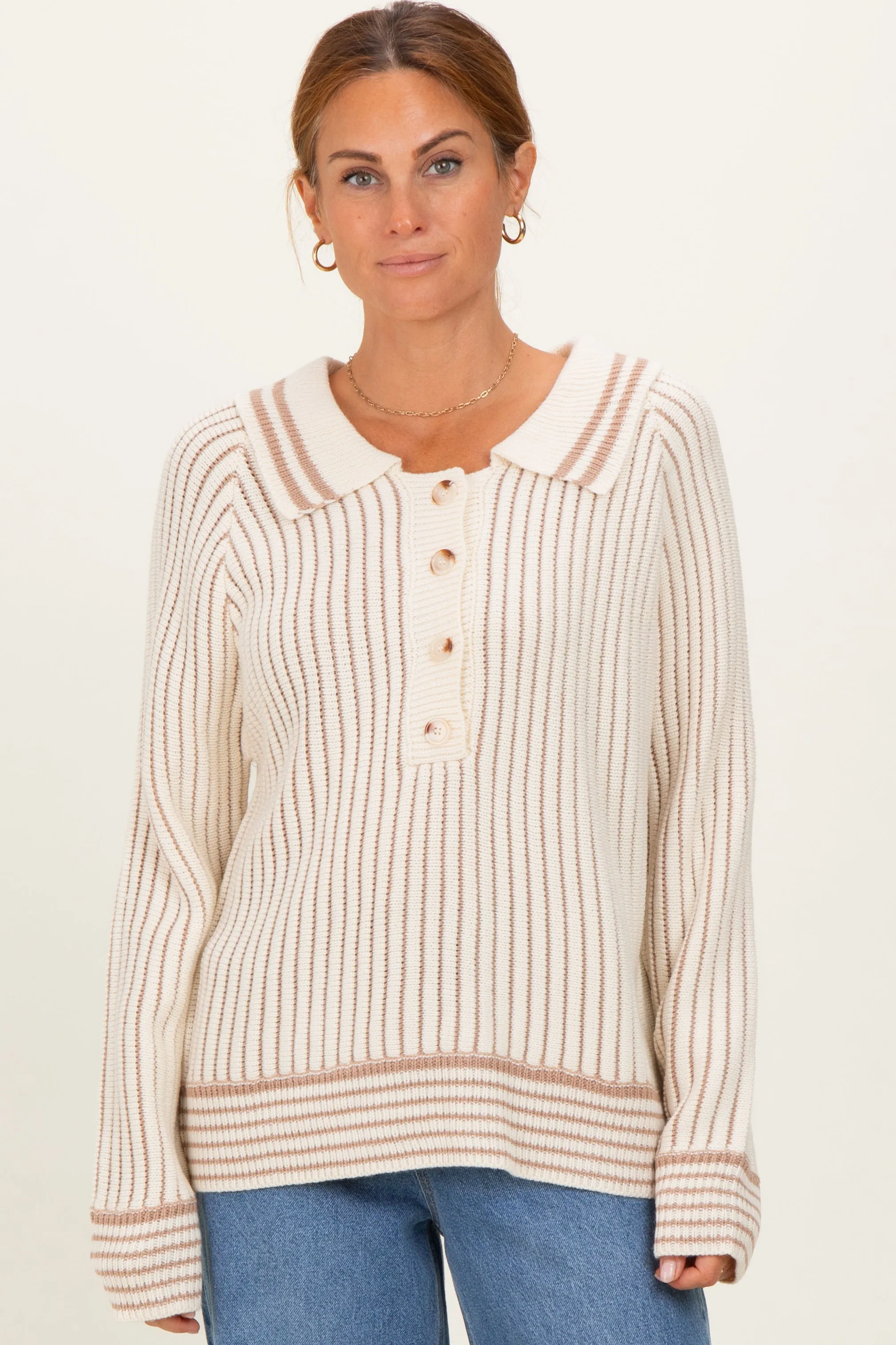 Cream Chunky Rib Striped Detail Polo Sweater sold by Pinkblush