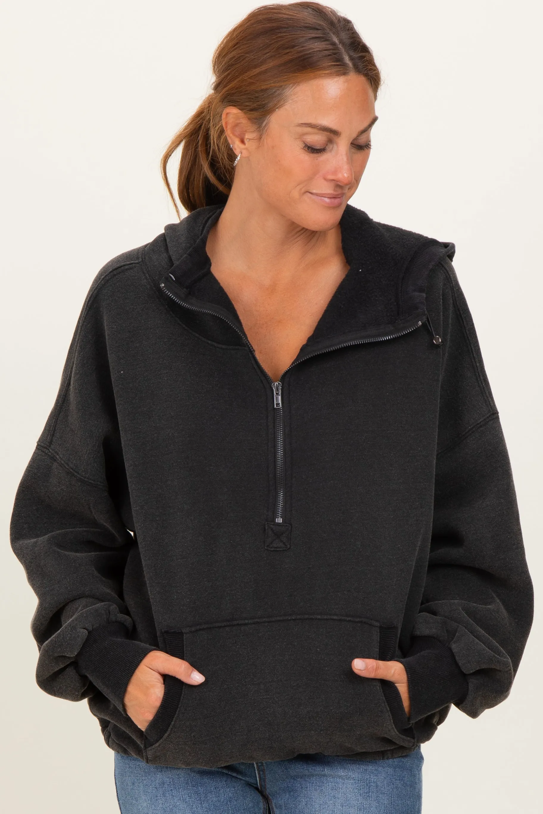 Black Fleece Half Zip Drop Shoulder Hoodie sold by Pinkblush