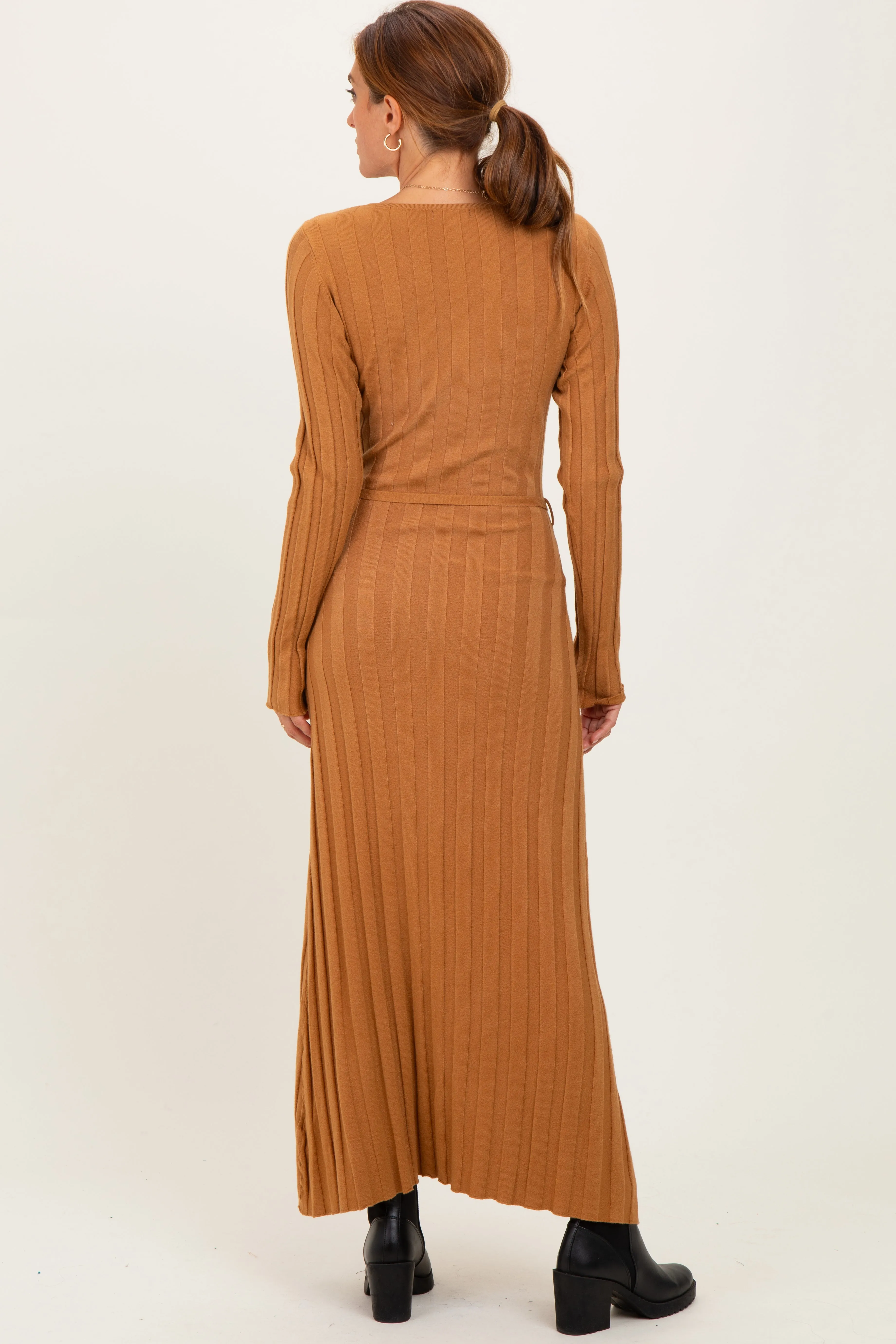 Camel Ribbed Wait Tie Midi Dress sold by Pinkblush product image thumbnail 4