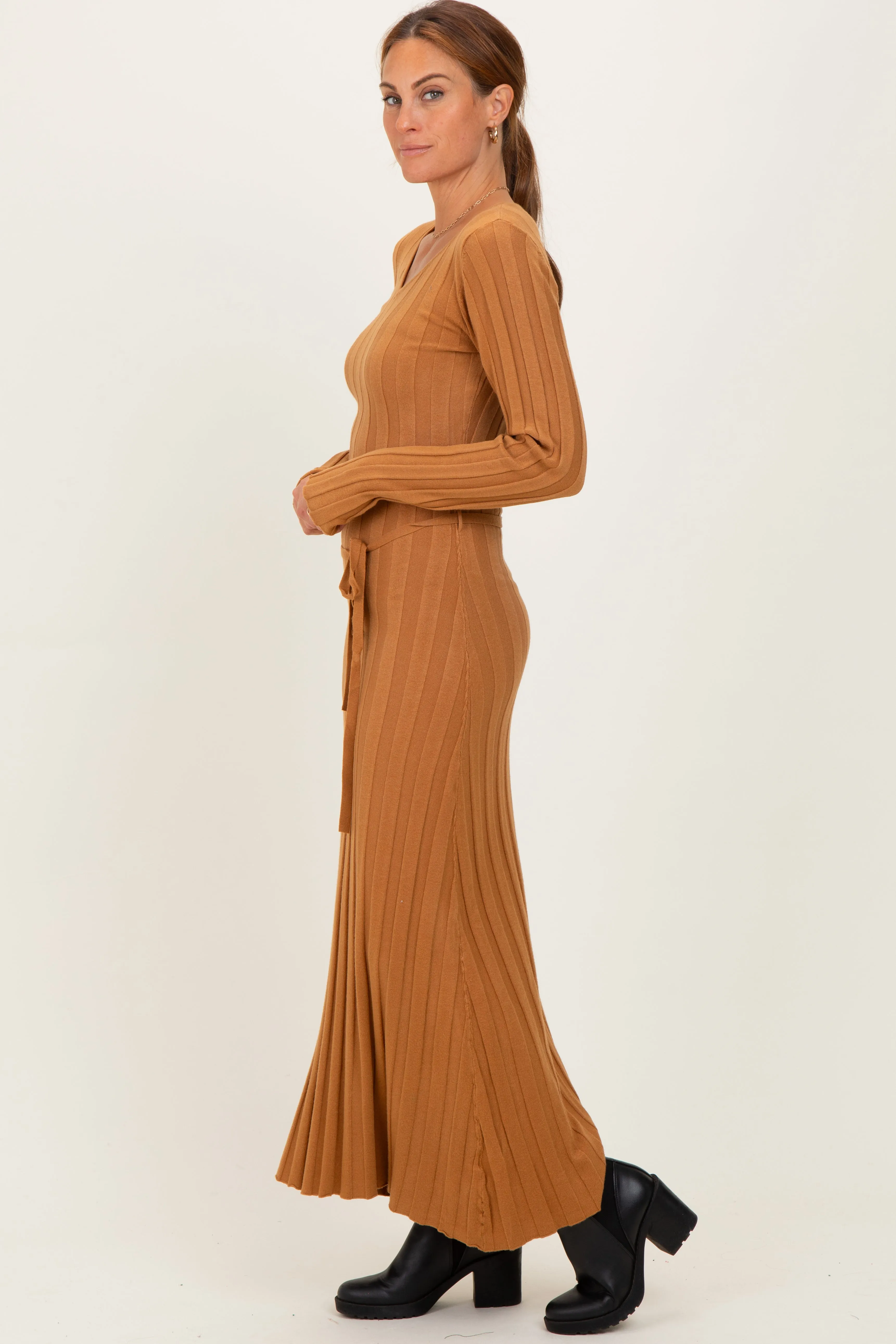 Camel Ribbed Wait Tie Midi Dress sold by Pinkblush product image thumbnail 3