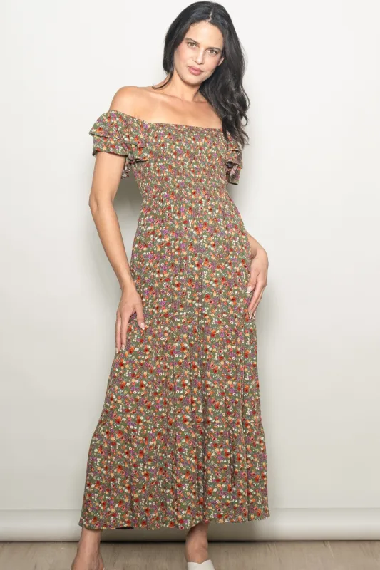 Olive Floral Off Shoulder Smocked Maxi Dress sold by Pinkblush