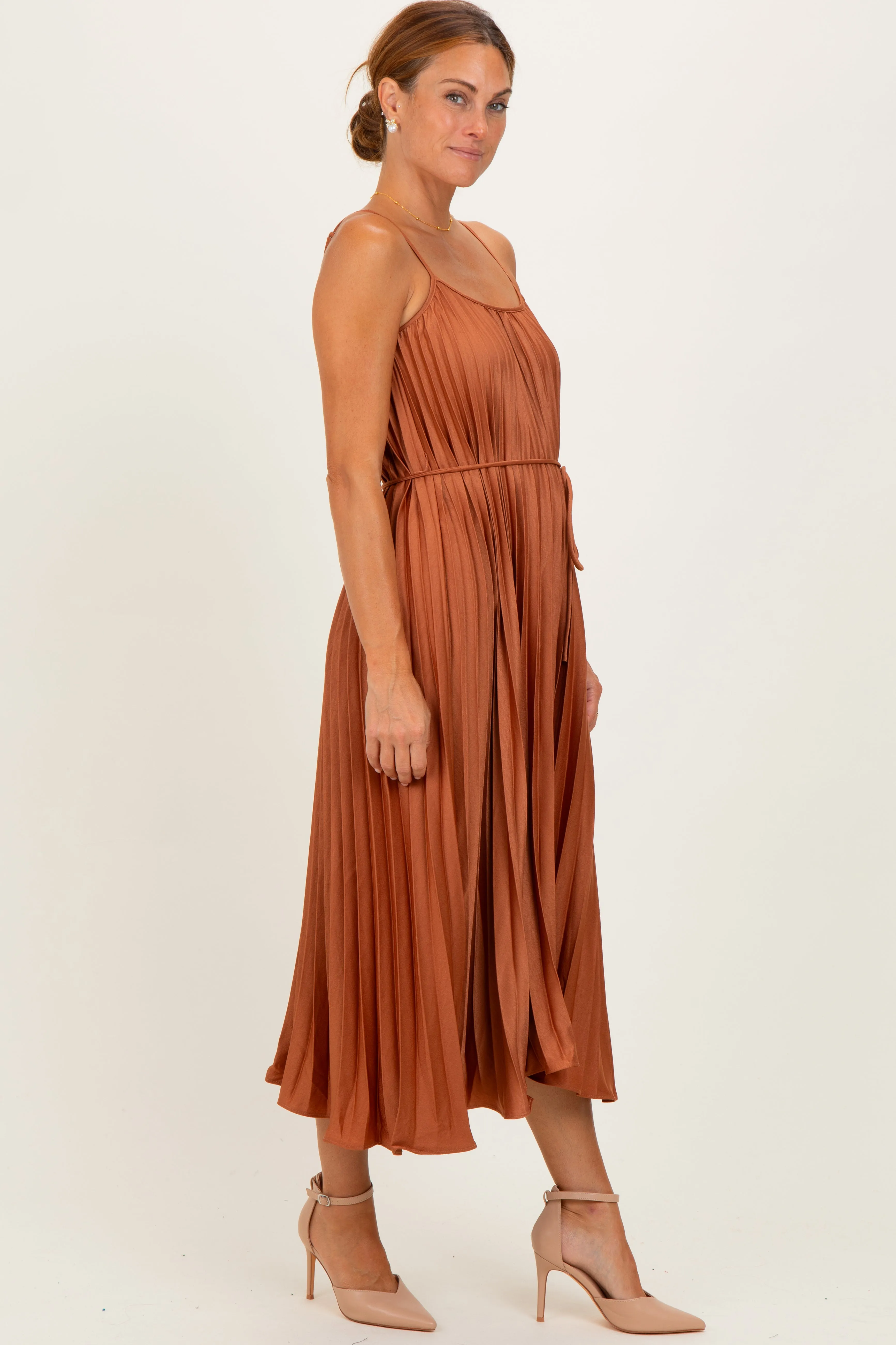 Rust Pleated Sash Tie Midi Dress sold by Pinkblush product image thumbnail 3