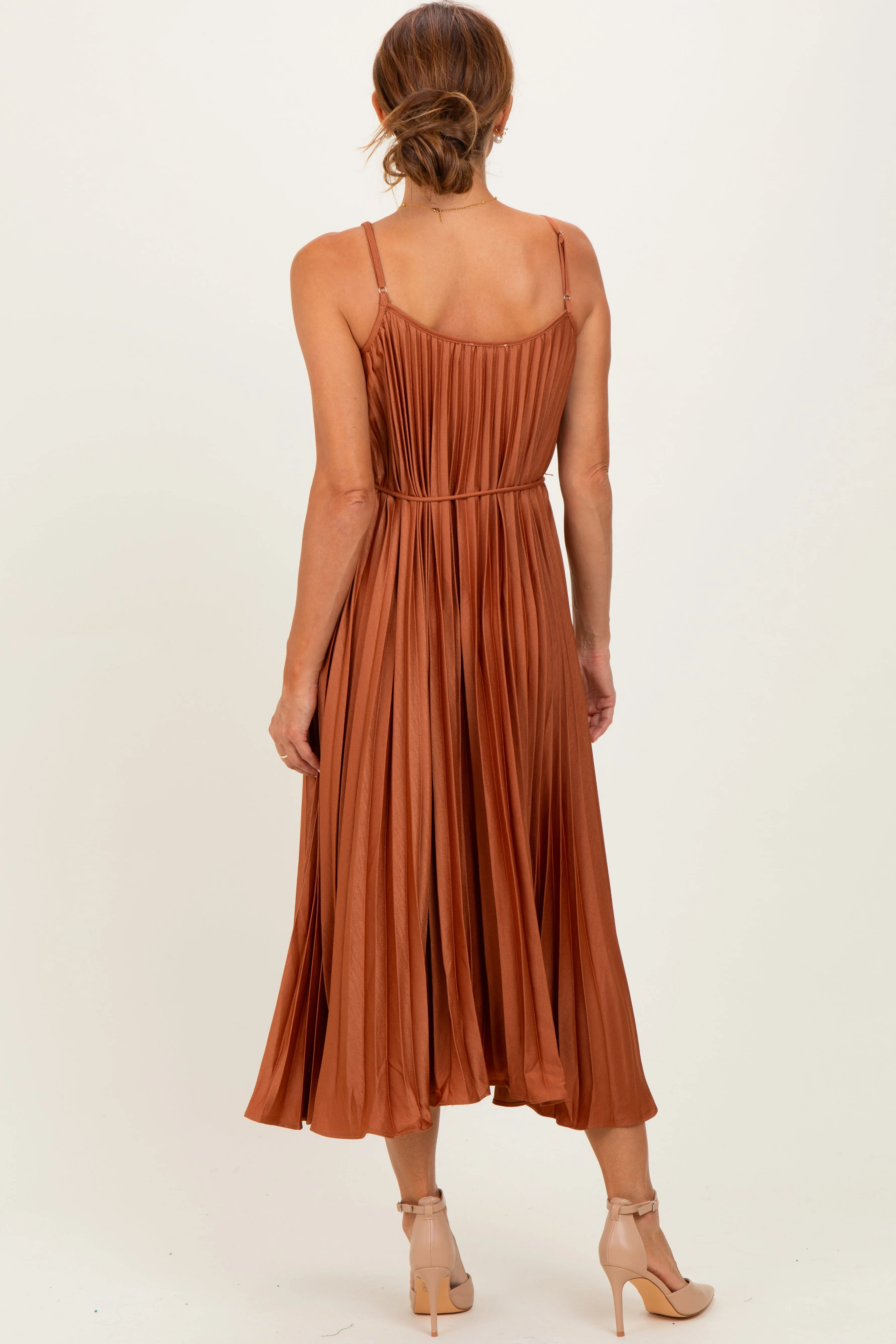 Rust Pleated Sash Tie Midi Dress sold by Pinkblush product image thumbnail 4