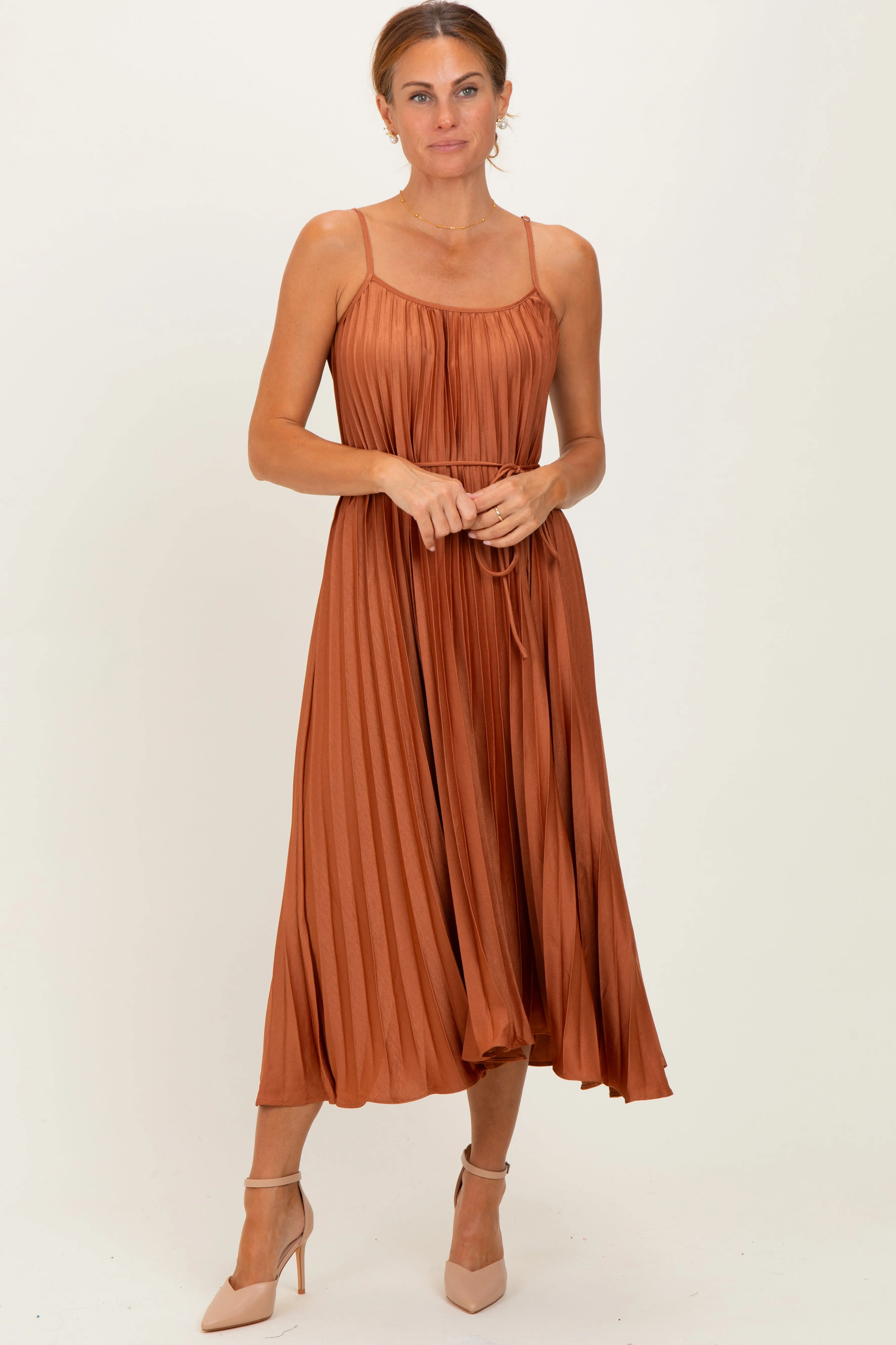 Rust Pleated Sash Tie Midi Dress sold by Pinkblush
