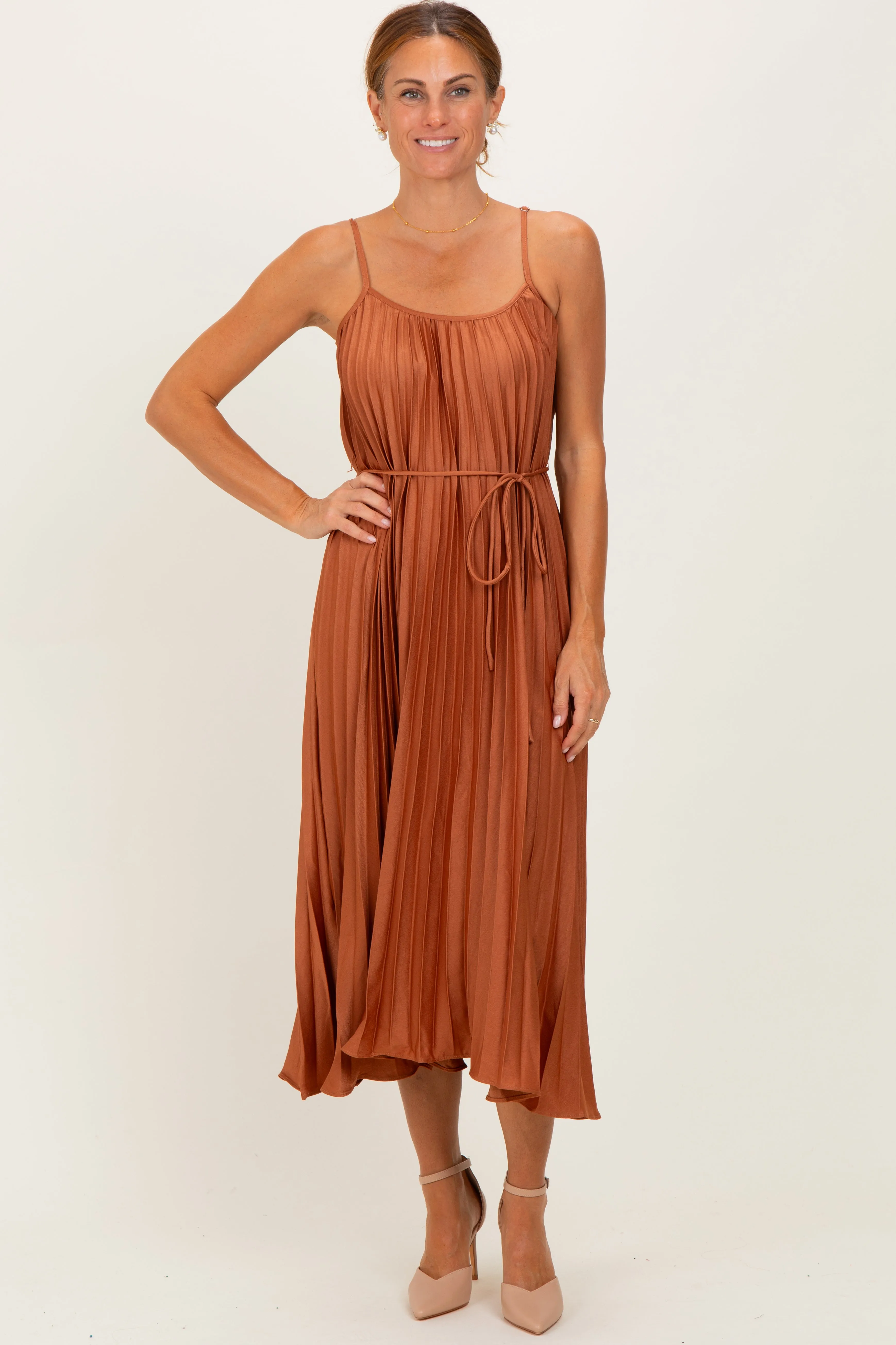 Rust Pleated Sash Tie Midi Dress sold by Pinkblush product image thumbnail 2