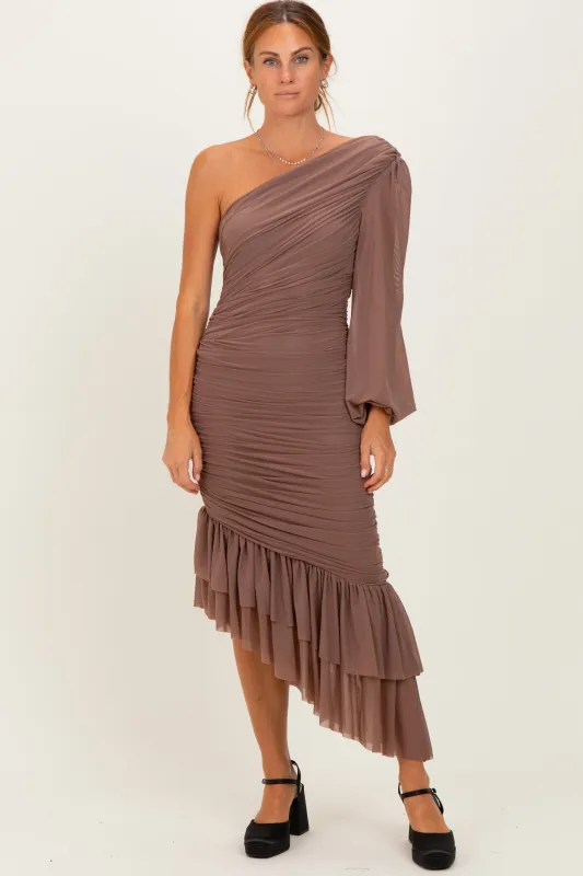 Mocha Mesh Ruched One Shoulder Asymmetric Dress sold by Pinkblush