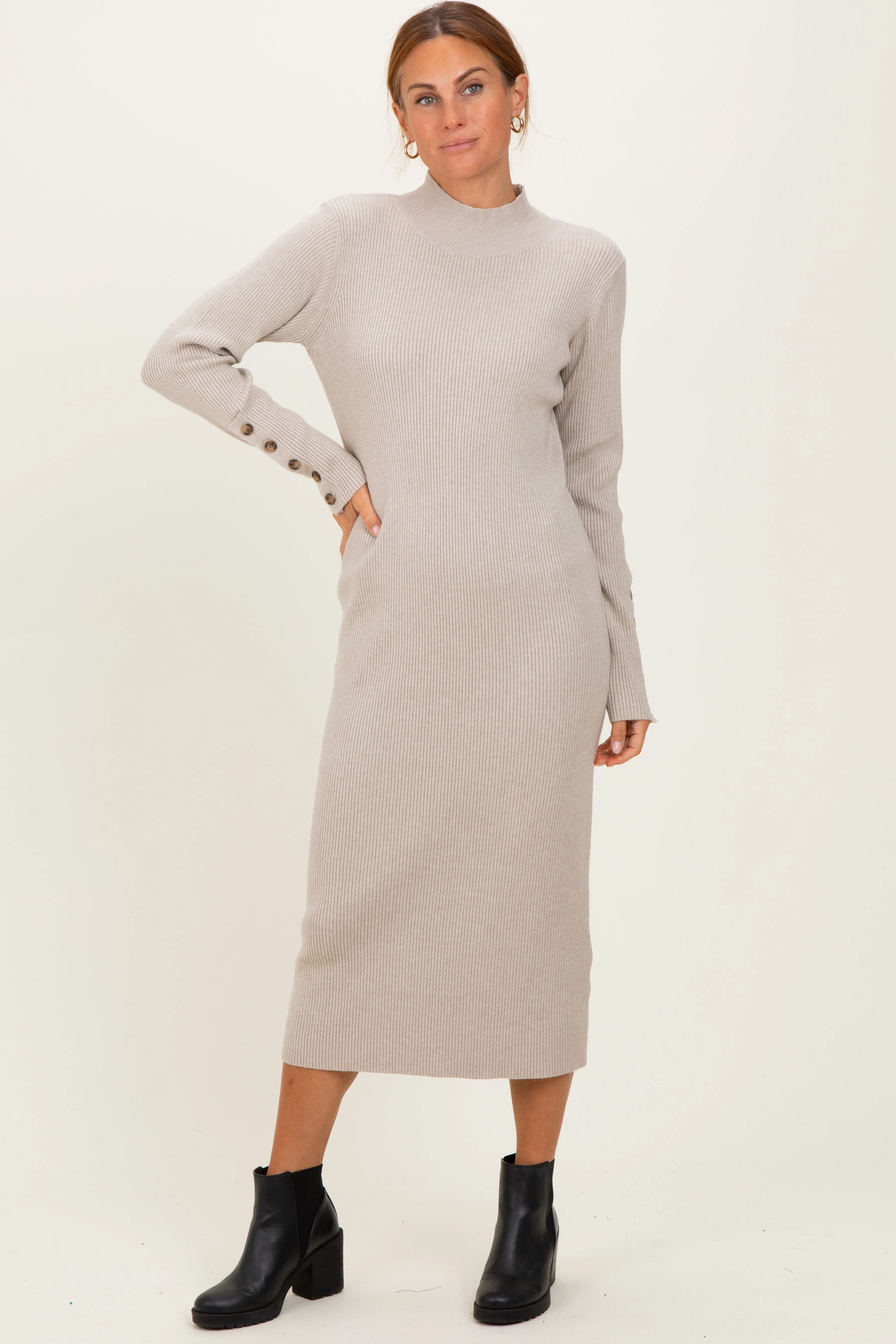 Heather Grey Button Sleeve Sweater Midi Dress sold by Pinkblush product image thumbnail 2