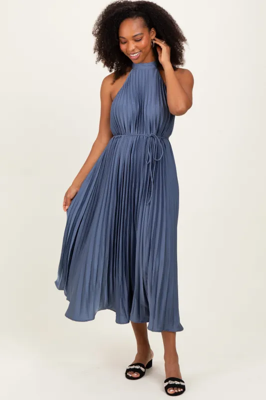 Navy Blue Pleated Halter Dress sold by Pinkblush
