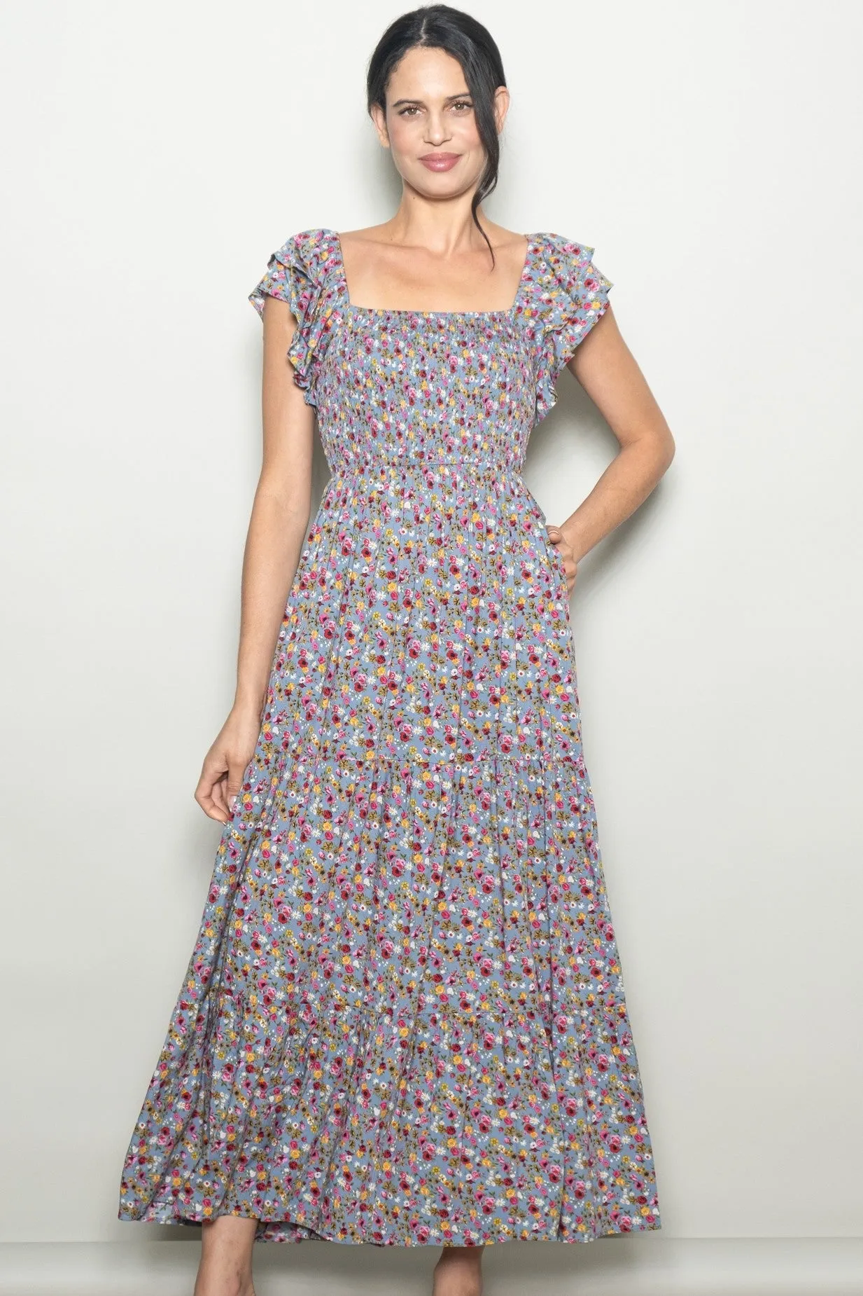 Blue Floral Off Shoulder Smocked Maxi Dress sold by Pinkblush product image thumbnail 4