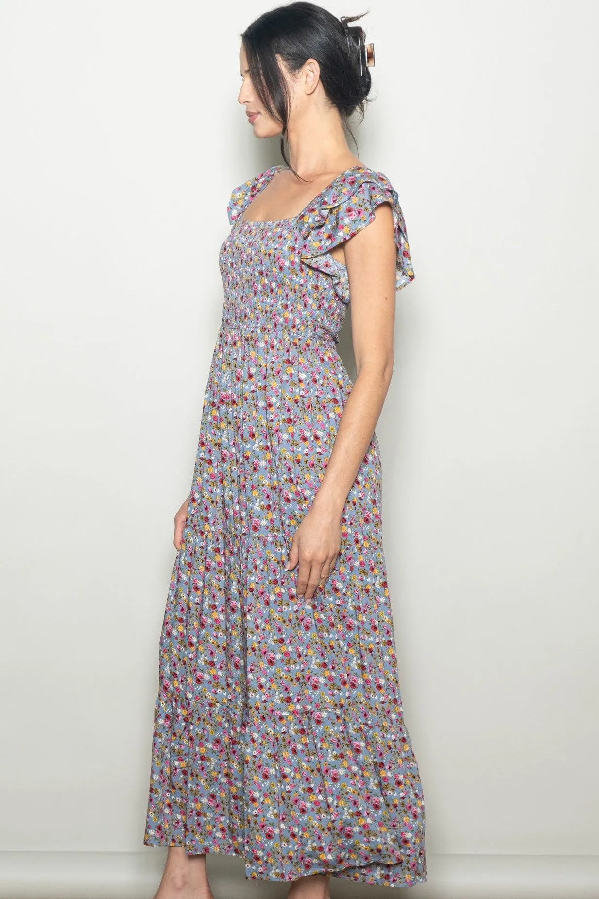 Blue Floral Off Shoulder Smocked Maxi Dress sold by Pinkblush product image thumbnail 2