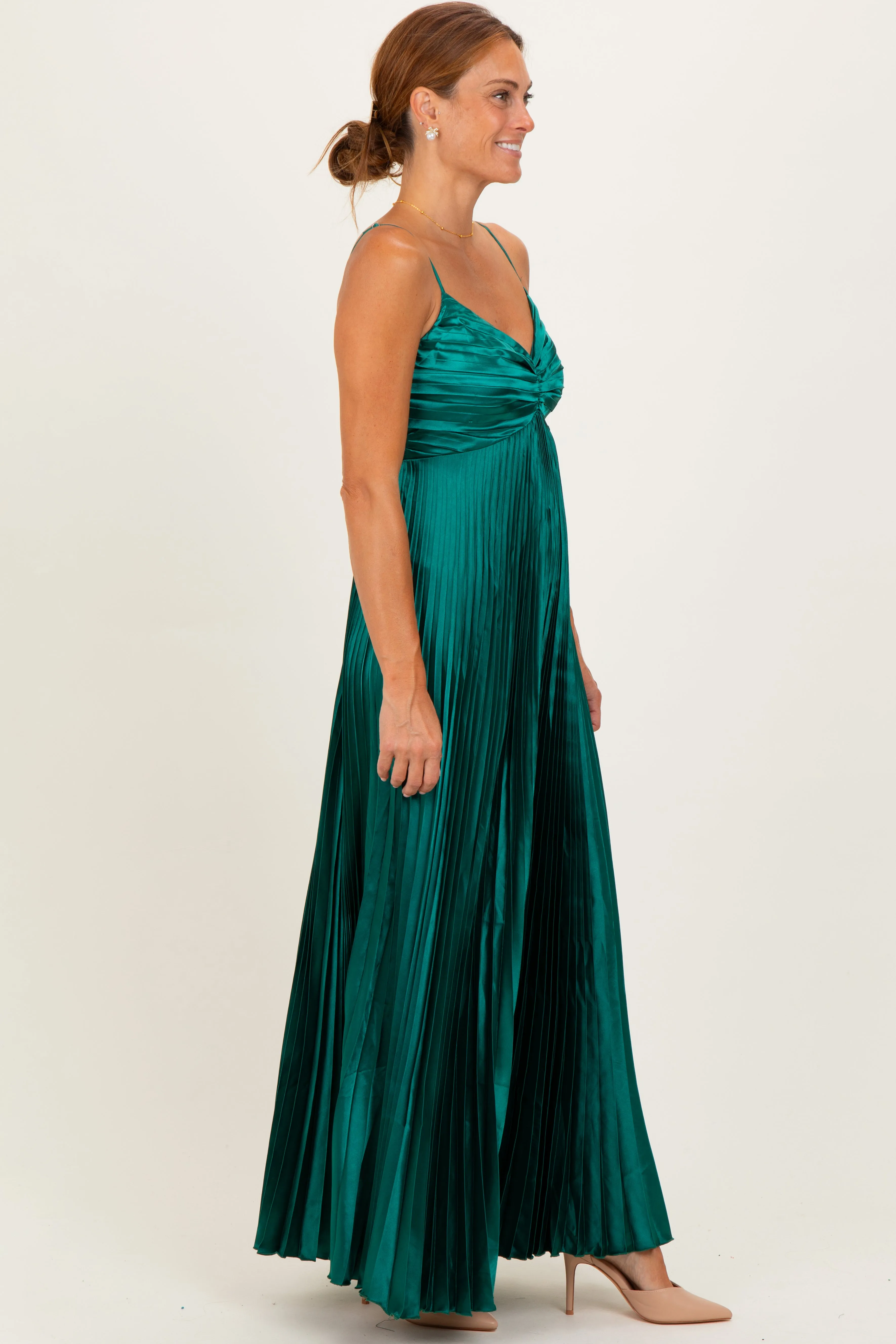 Forest Green Pleated Satin Sleeveless Maxi Dress sold by Pinkblush product image thumbnail 3