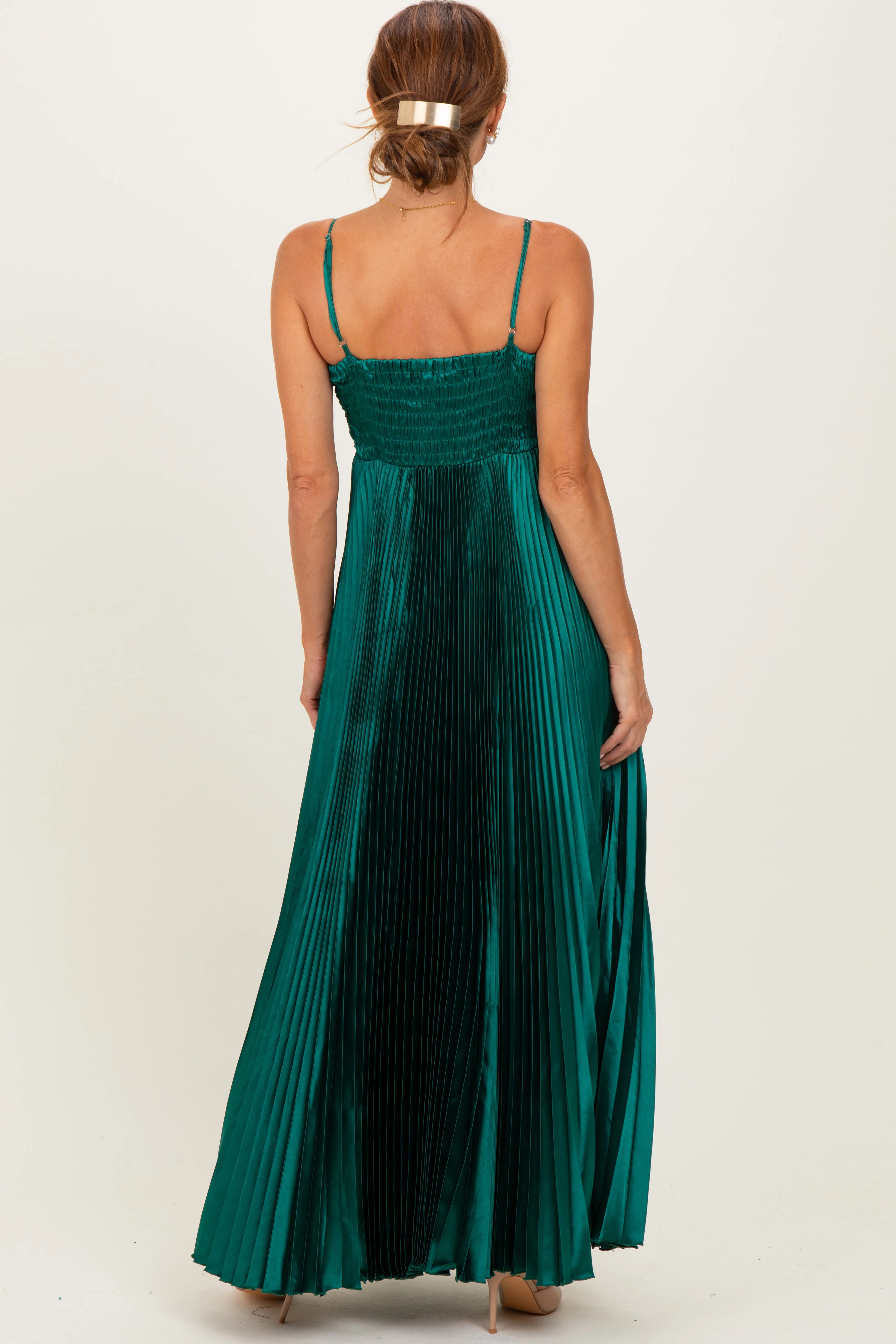 Forest Green Pleated Satin Sleeveless Maxi Dress sold by Pinkblush product image thumbnail 4