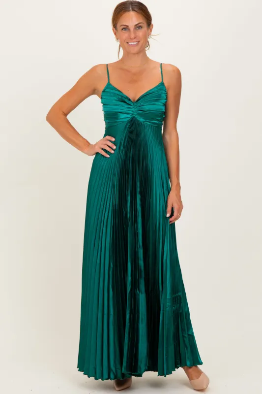 Forest Green Pleated Satin Sleeveless Maxi Dress sold by Pinkblush