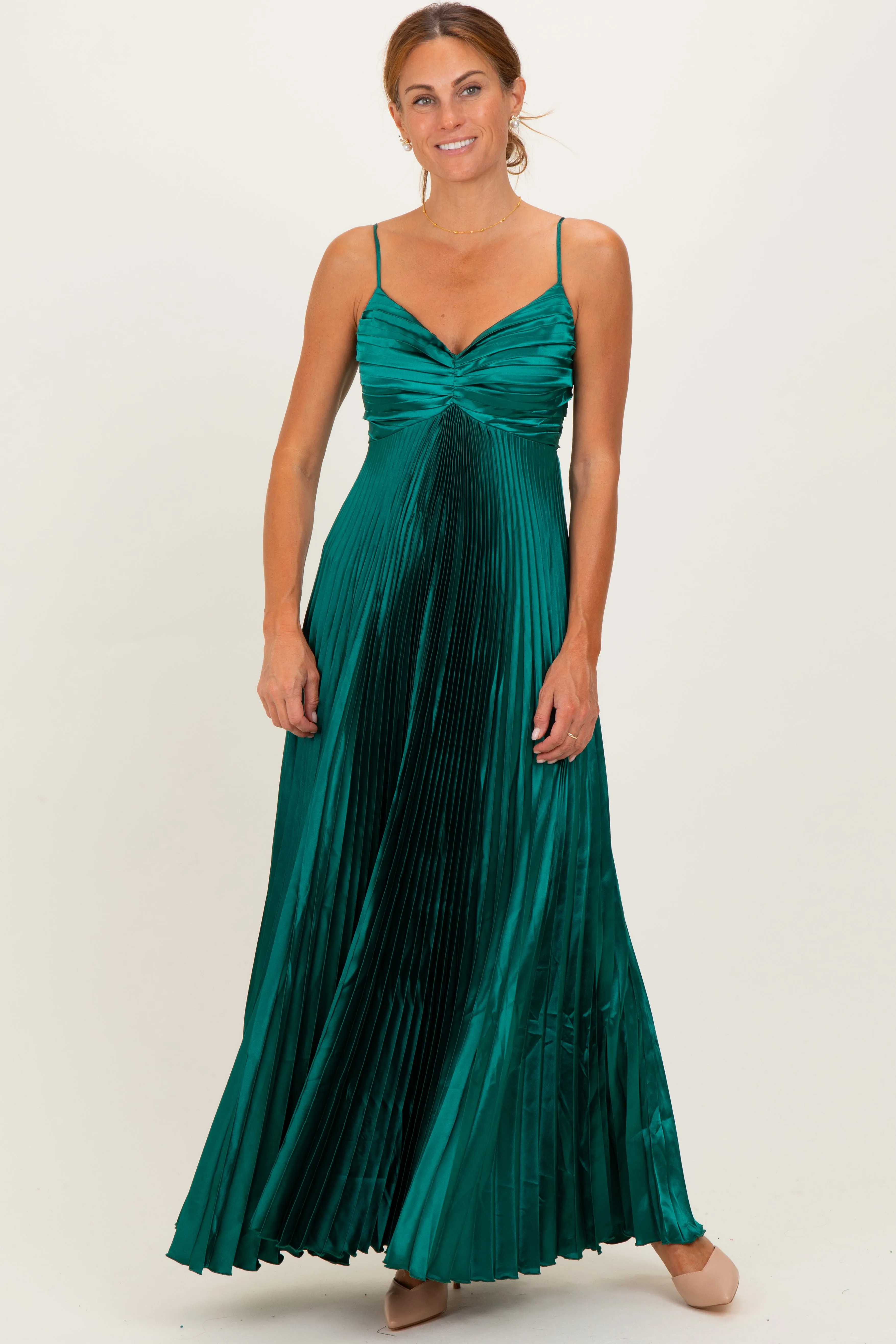 Forest Green Pleated Satin Sleeveless Maxi Dress sold by Pinkblush product image thumbnail 2