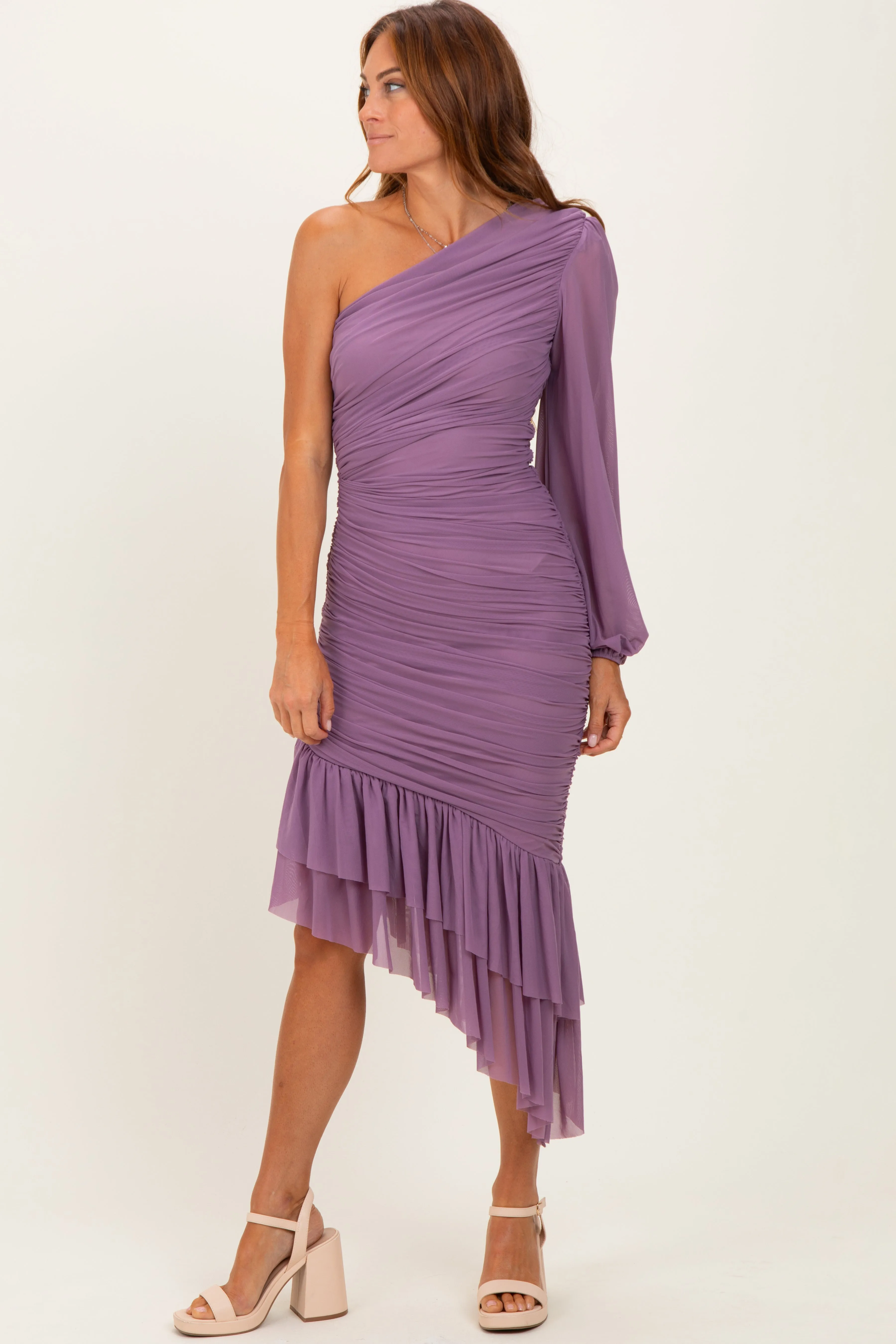 Lavender Mesh Ruched One Shoulder Asymmetric Dress sold by Pinkblush product image thumbnail 2