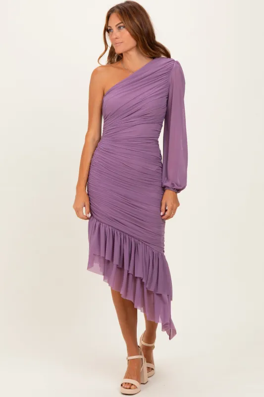 Lavender Mesh Ruched One Shoulder Asymmetric Dress sold by Pinkblush