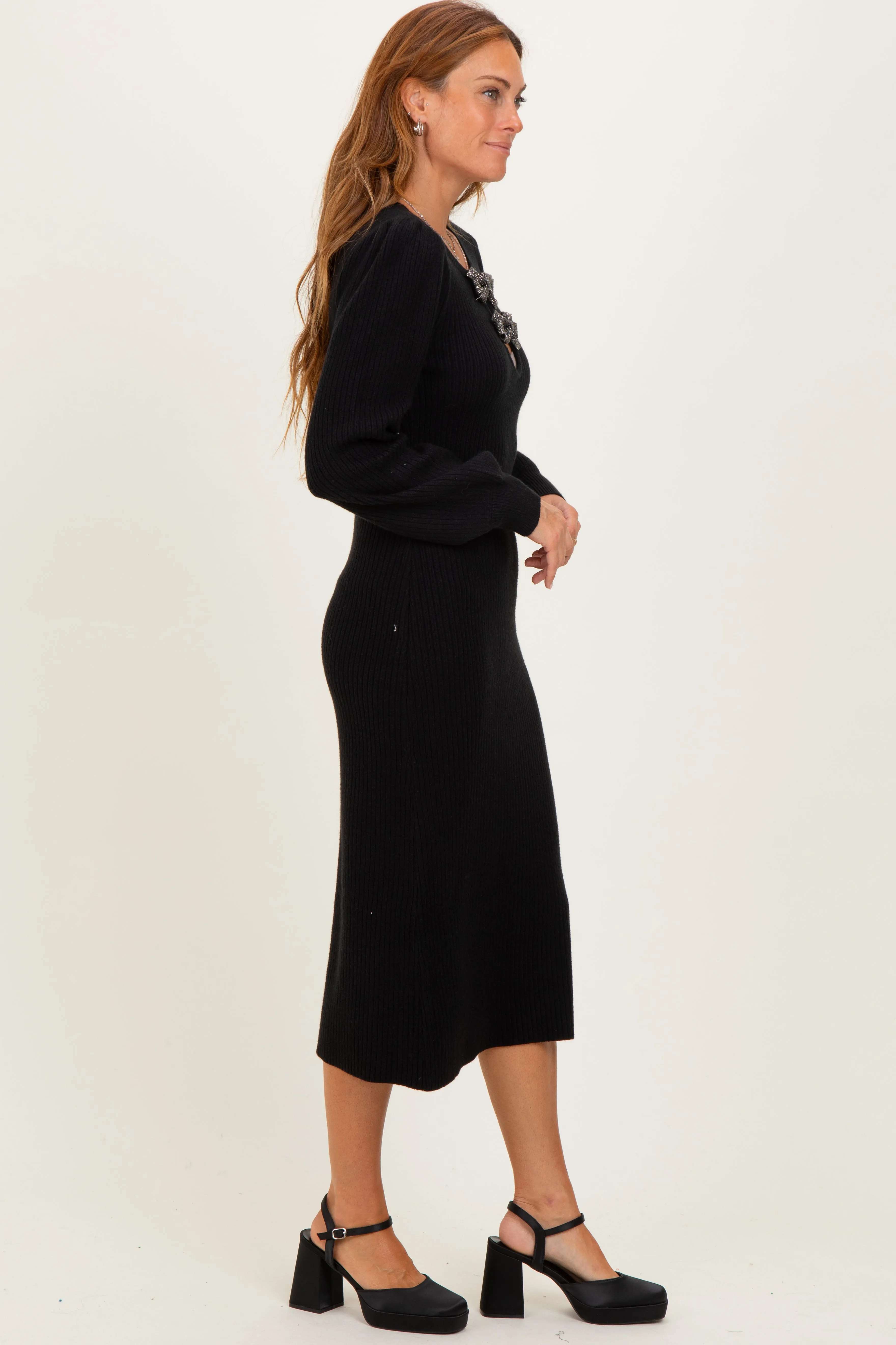 Black Ribbed Bow Detail Midi Sweater Dress sold by Pinkblush product image thumbnail 3