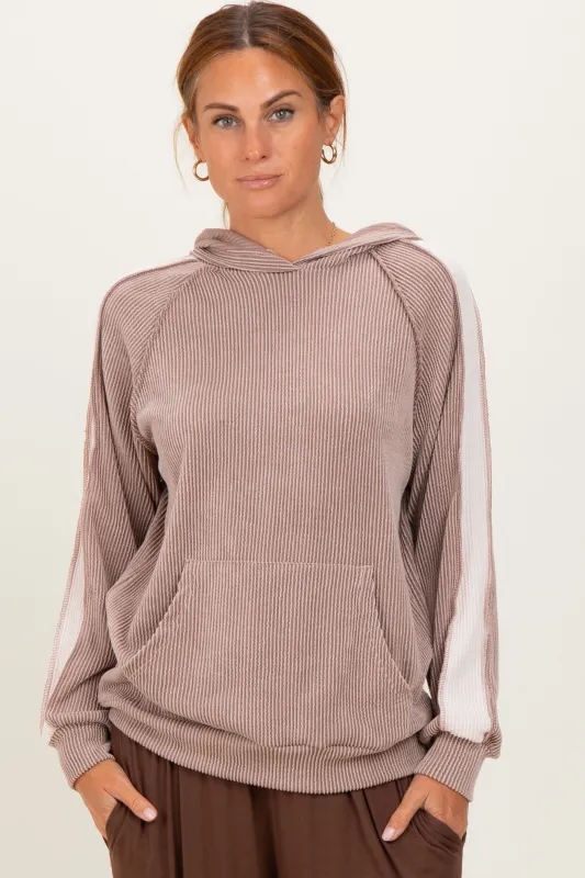 Mocha Textured Rib Colorblock Hoodie sold by Pinkblush