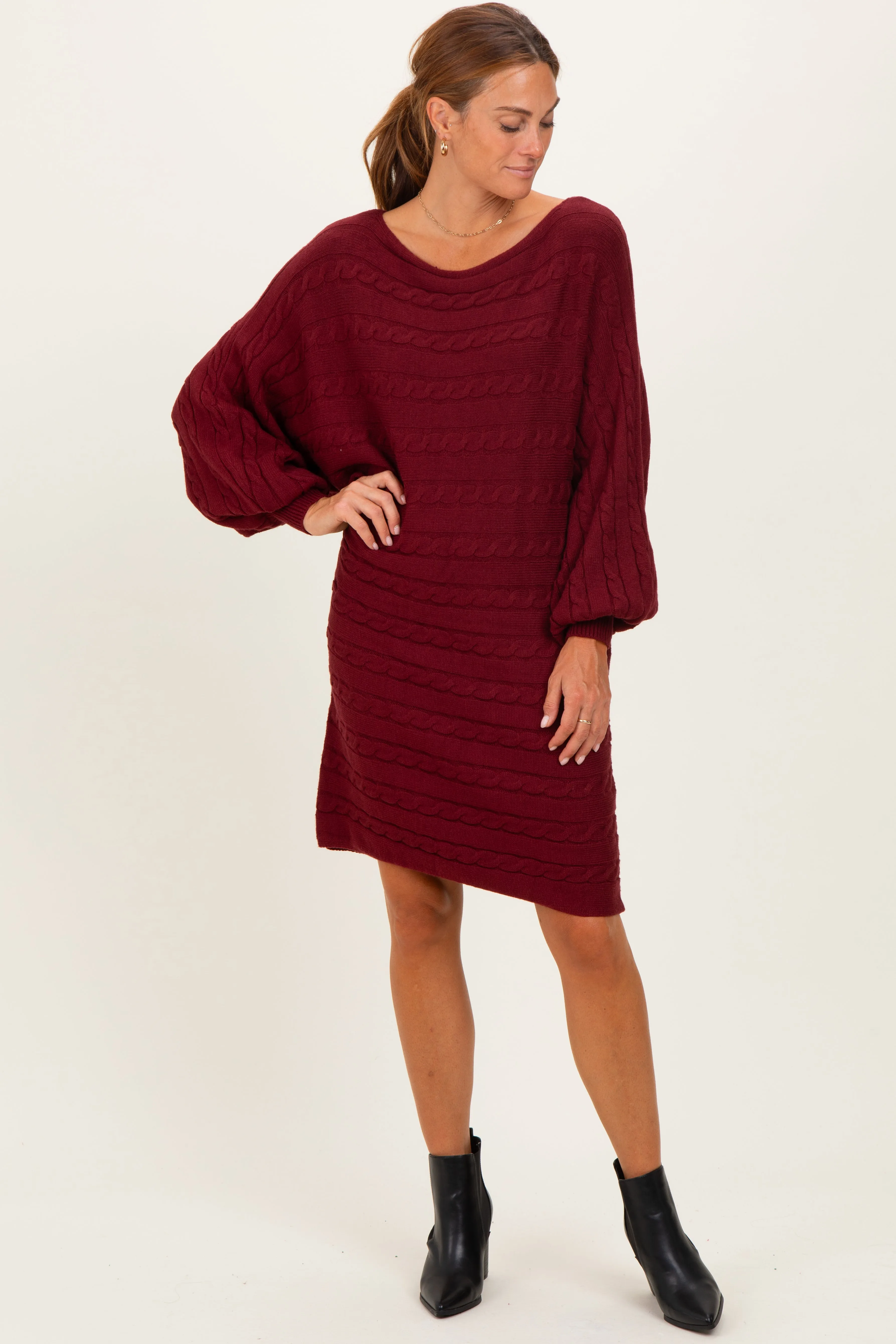 Burgundy Cable Knit Dolman Sleeve Sweater Mini Dress sold by Pinkblush product image thumbnail 2