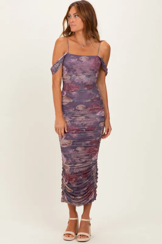 Lavender Floral Ruched Midi Dress sold by Pinkblush