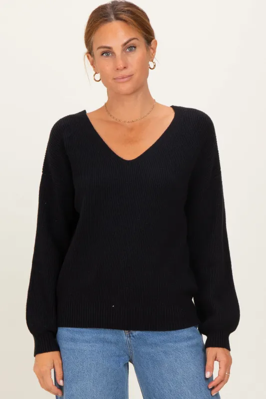 Black V-Neck Drop Shoulder Back Bow Tie Detail Sweater sold by Pinkblush