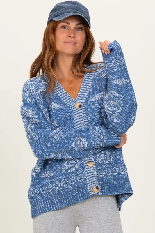 Blue Floral Knit Button Cardigan sold by Pinkblush